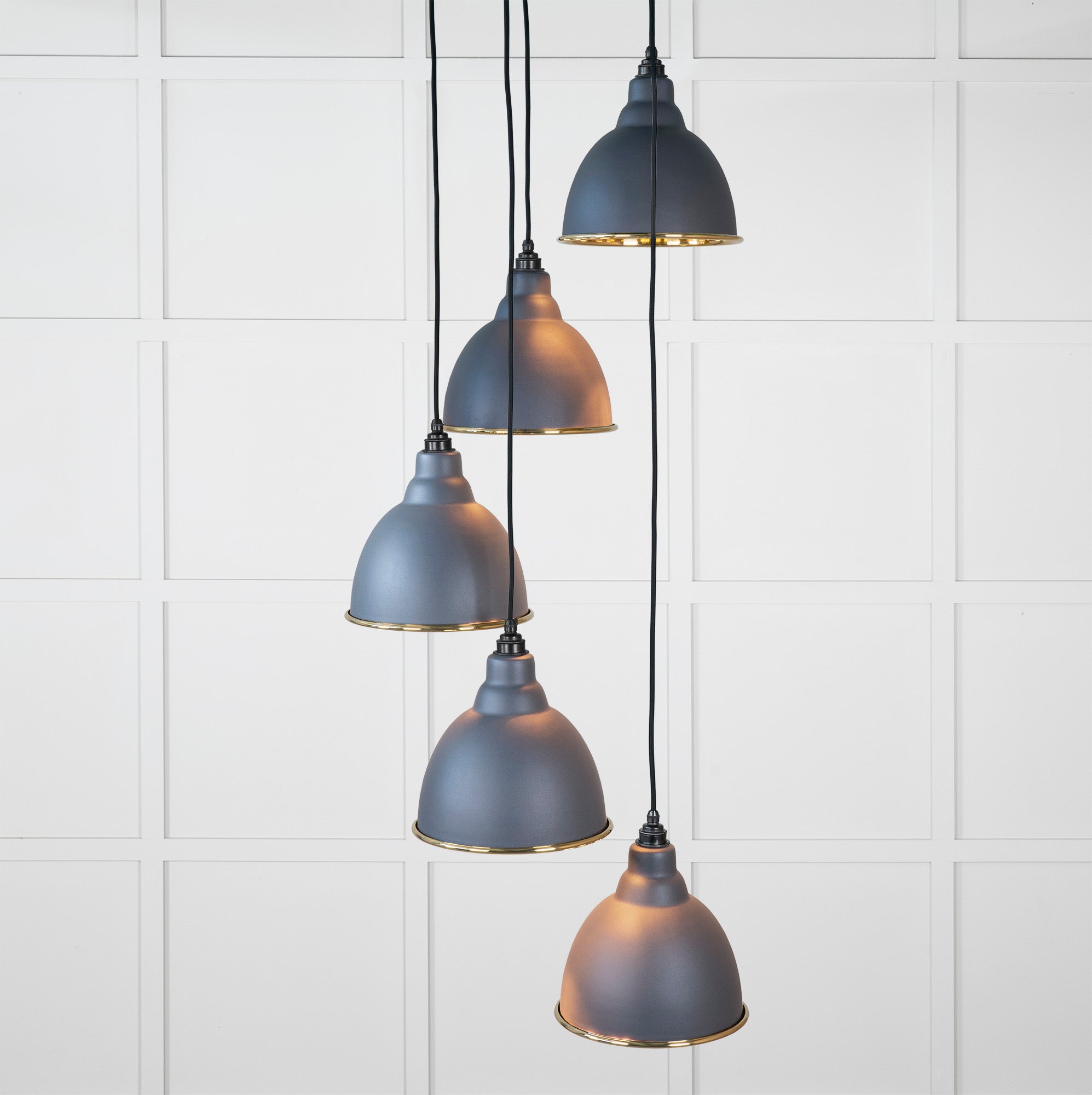 Smooth Brass Brindley Cluster Pendant Light Slate, Front Side with light on.