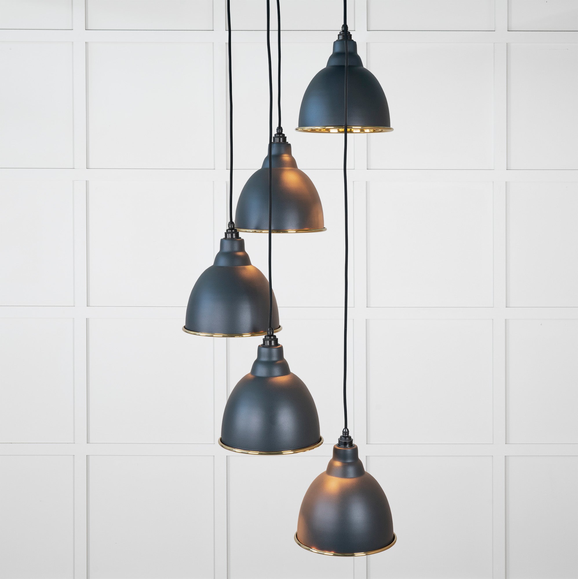 Smooth Brass Brindley Cluster Pendant Light Soot, Front Side with light on.