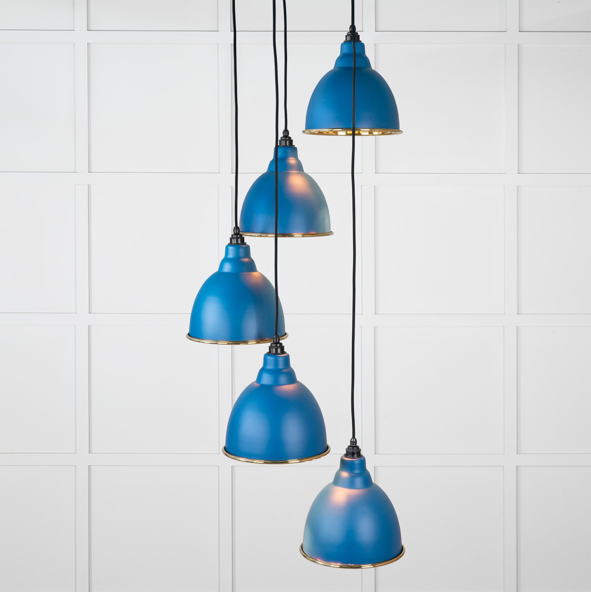 Smooth Brass Brindley Cluster Pendant Light Upstream, Front Side with light on.