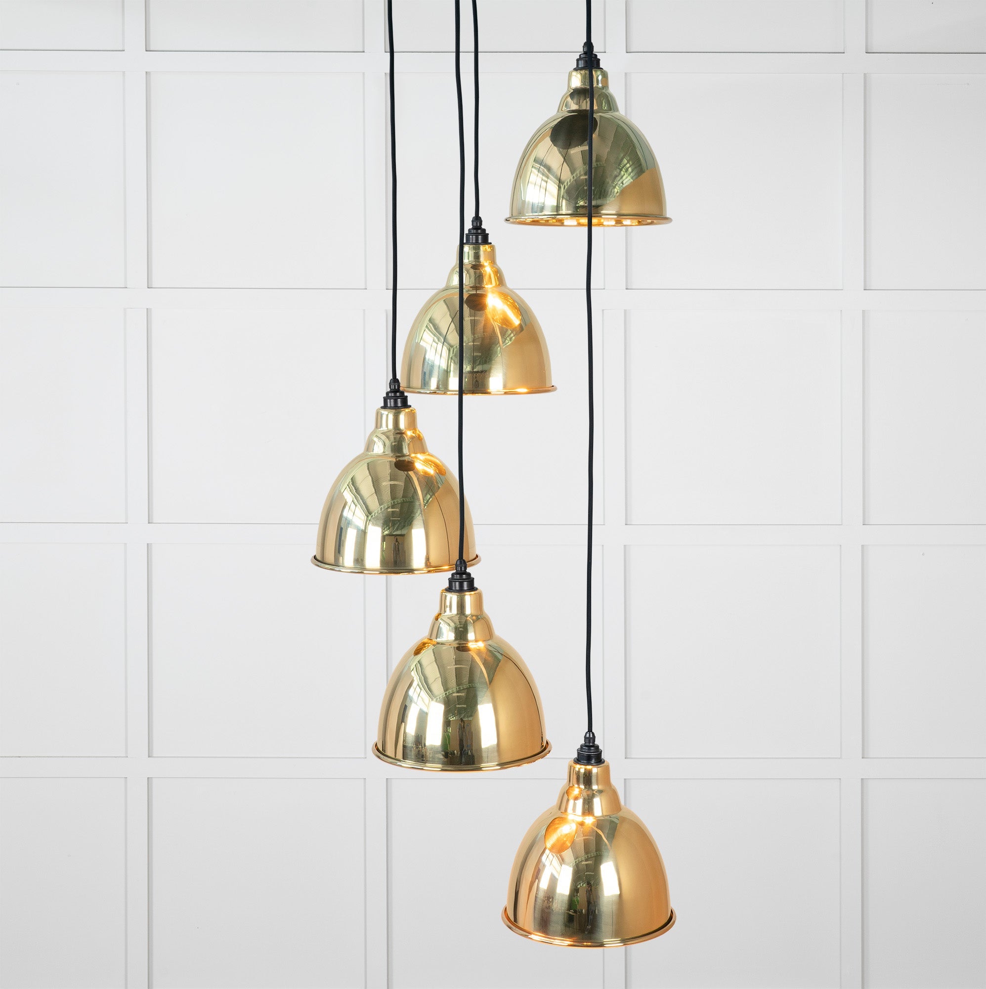 Smooth Brass Brindley Cluster Pendant Light , Front Side with light on.