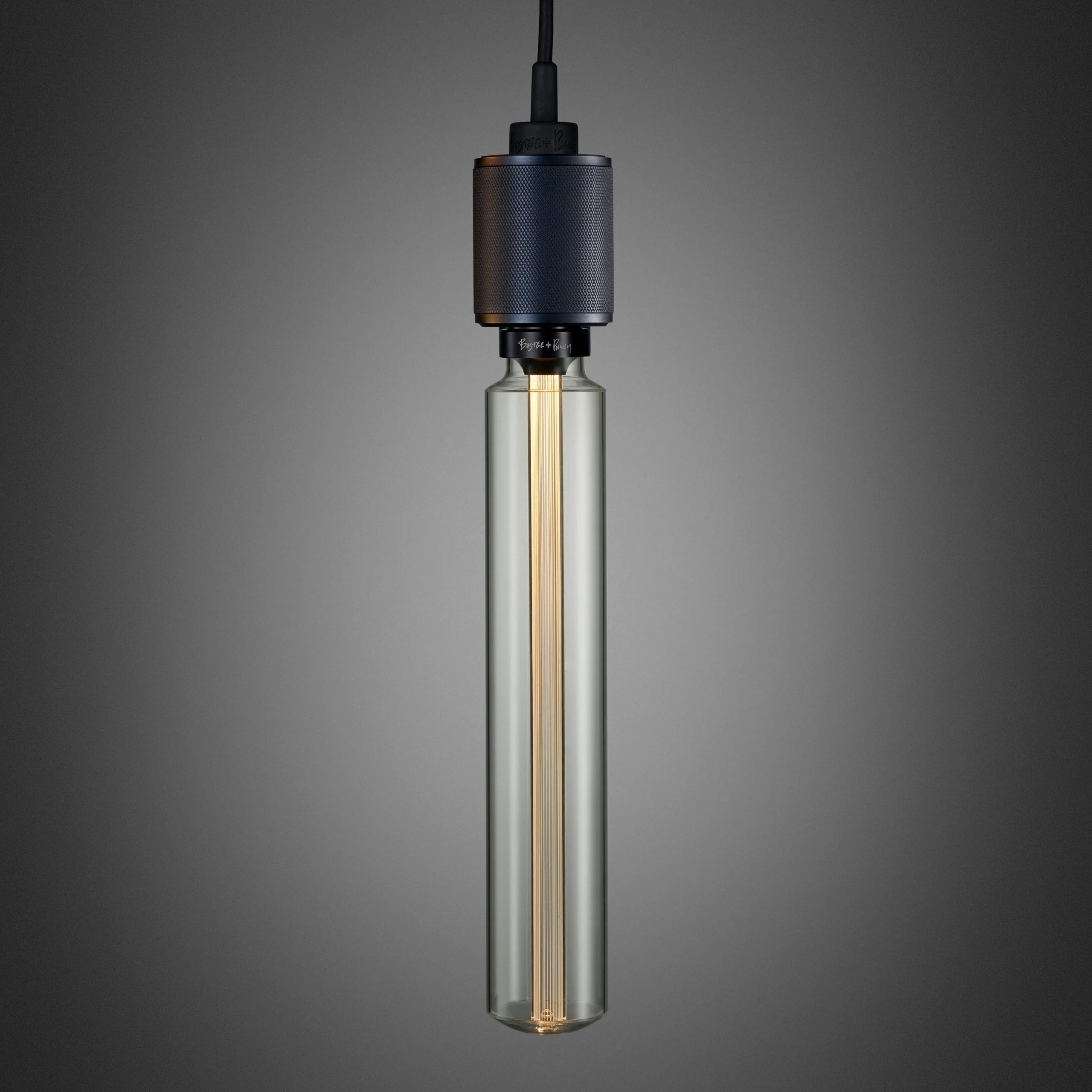 Heavy Metal Pendant light / Cross smoked bronze, front view., long bulb front view. 