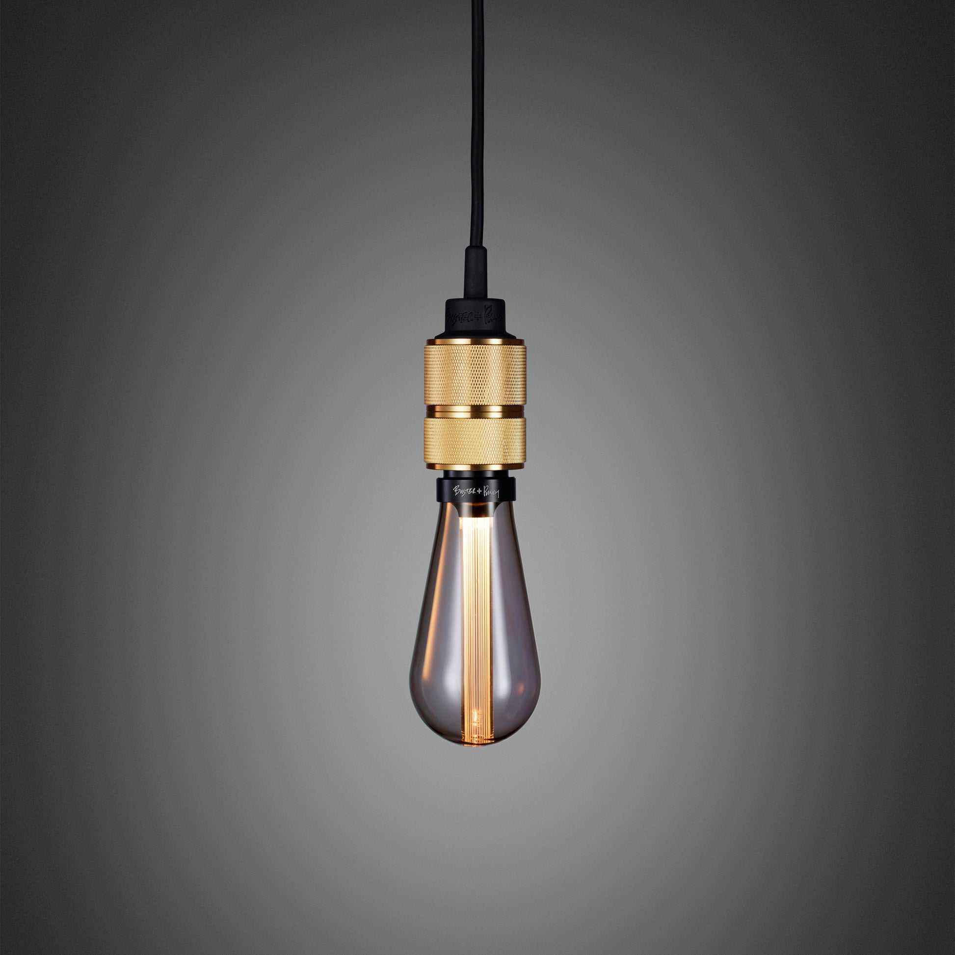 Hooked 1.0 Pendant Light / Nude Brass, close up view with smoked bulb.