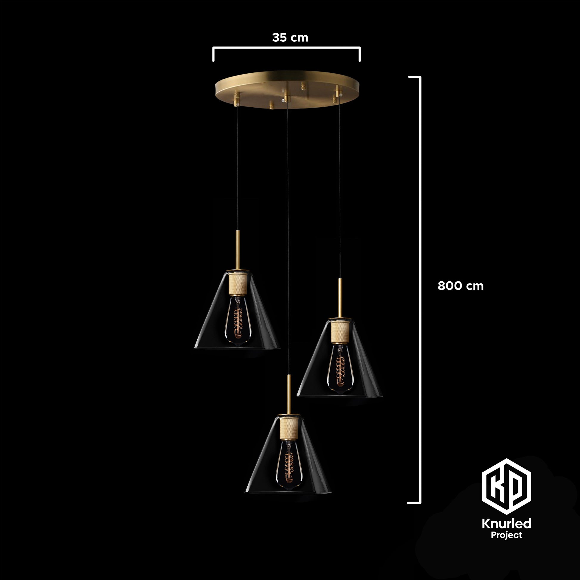 knurled 3 drop pendant cone shade brass product photo 2