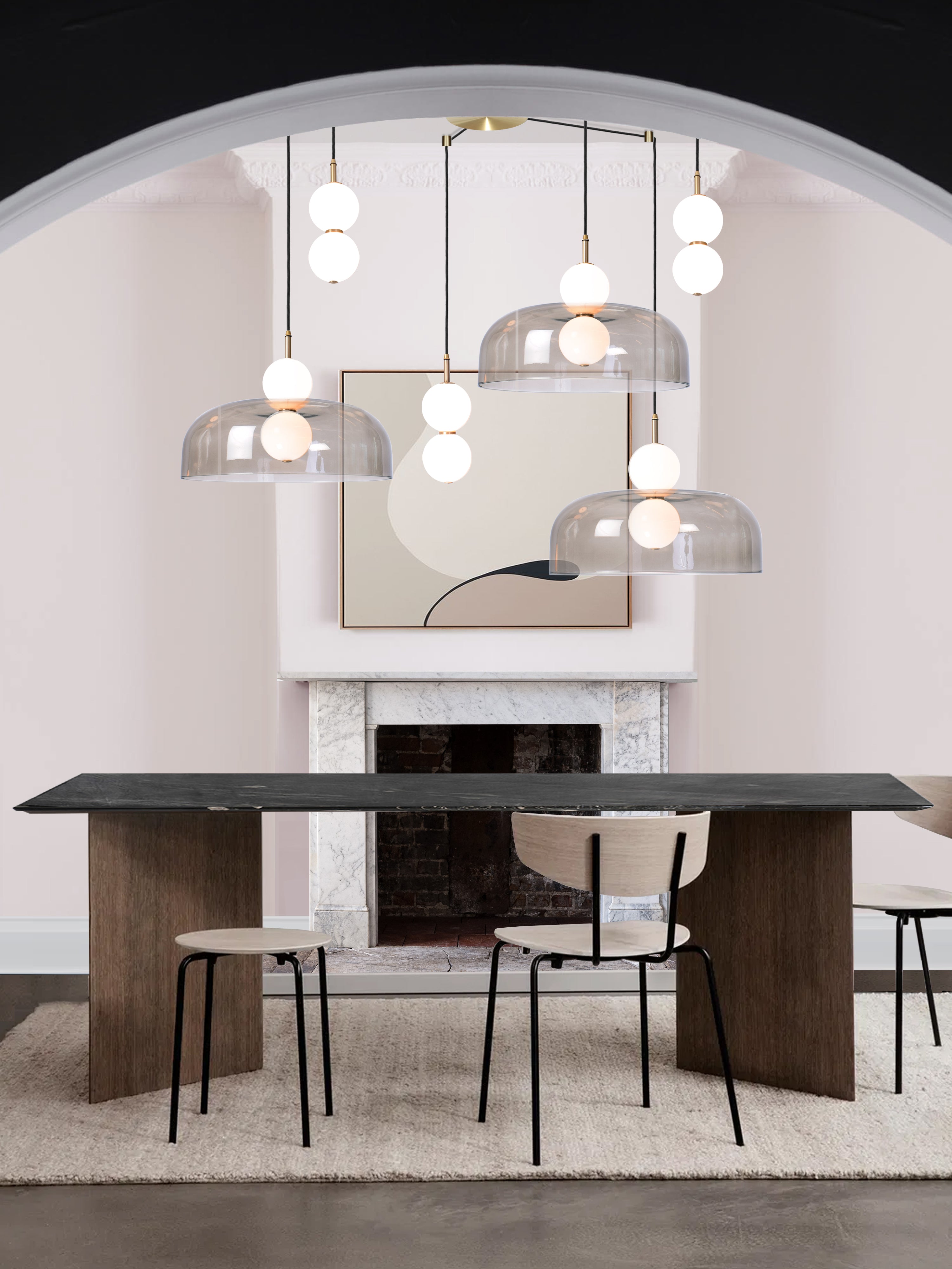 Echo Wide Shade Cluster Light, hanging from ceiling above dining table in setting.