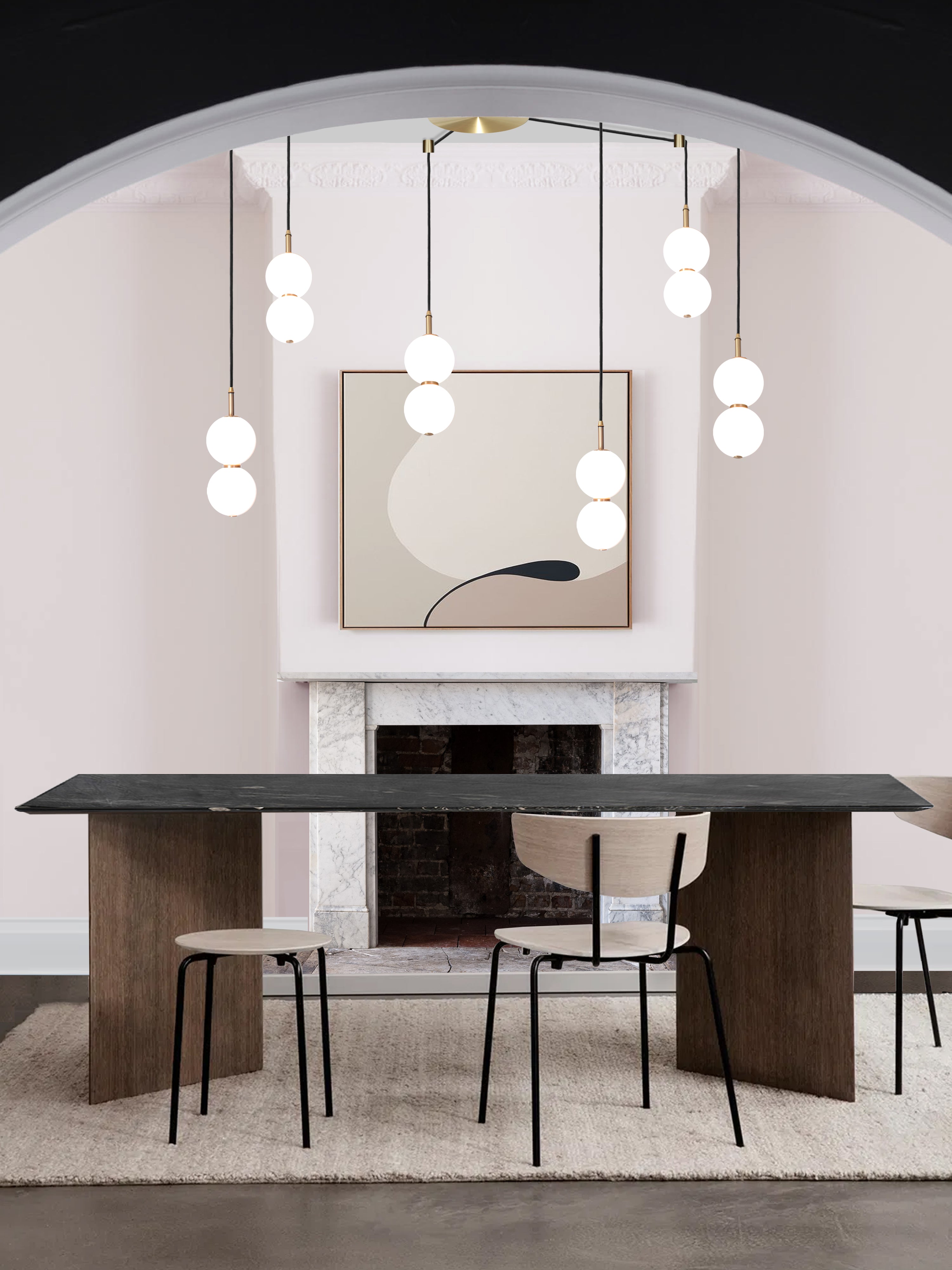 Echo Wide Cluster Light, hanging from ceiling above dining table in setting.