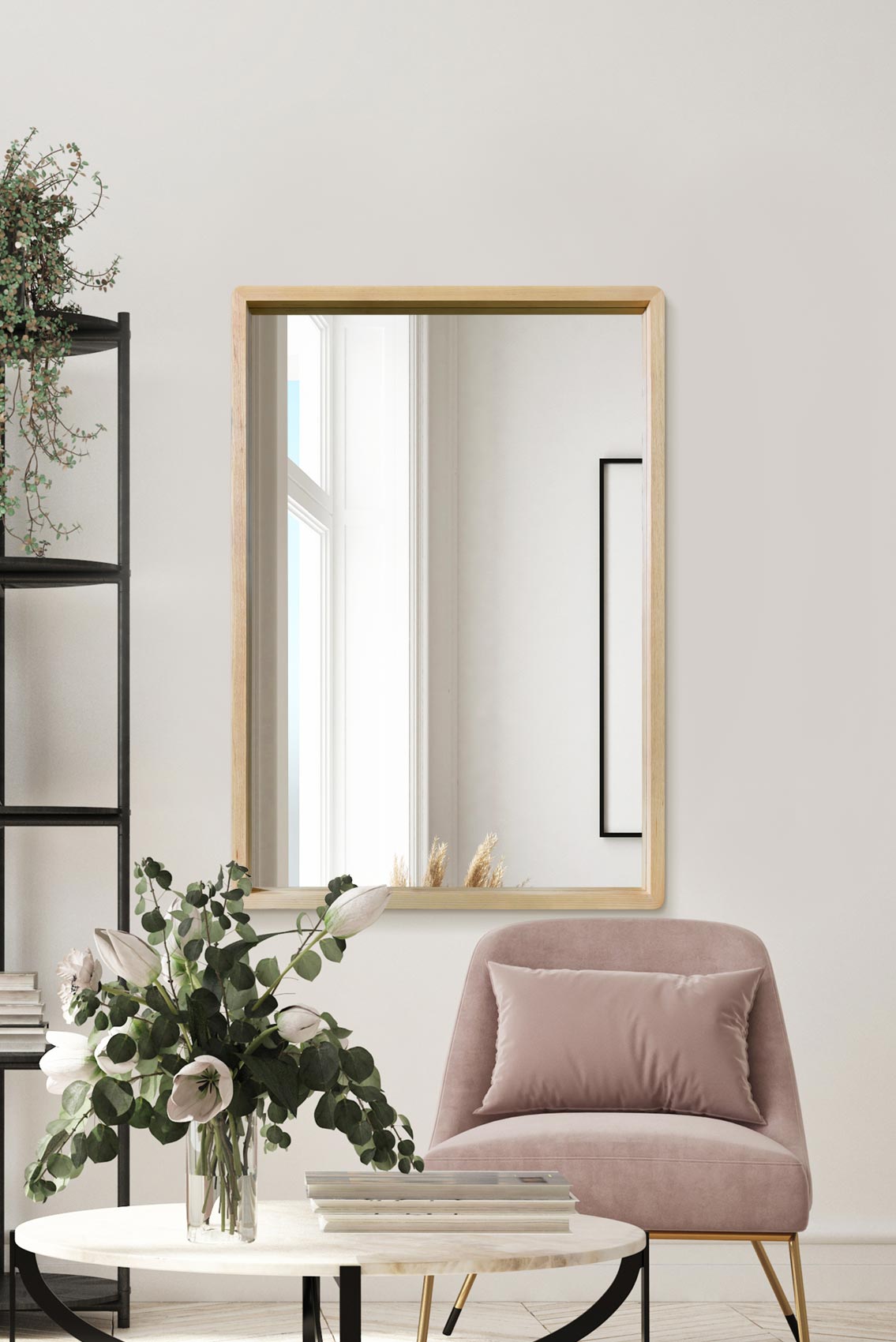 Scandi Chic Solid Oak Rounded Corner Wall Mirror 39" X 27.5" (100CM X 70CM)-1