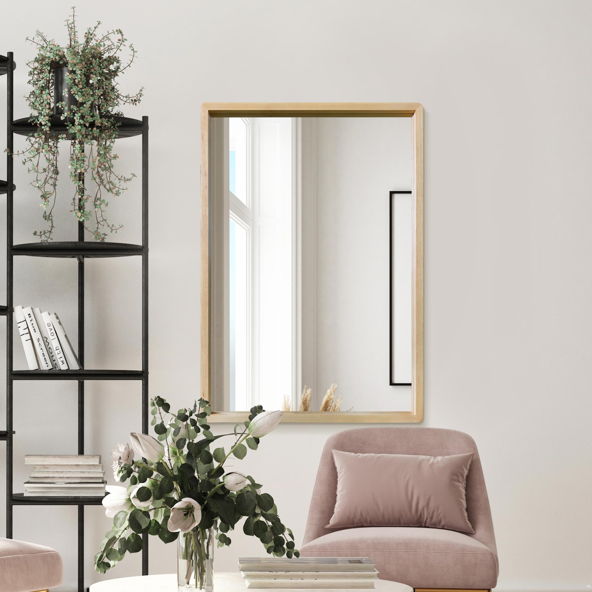 Scandi Chic Solid Oak Rounded Corner Wall Mirror 39" X 27.5" (100CM X 70CM)-10