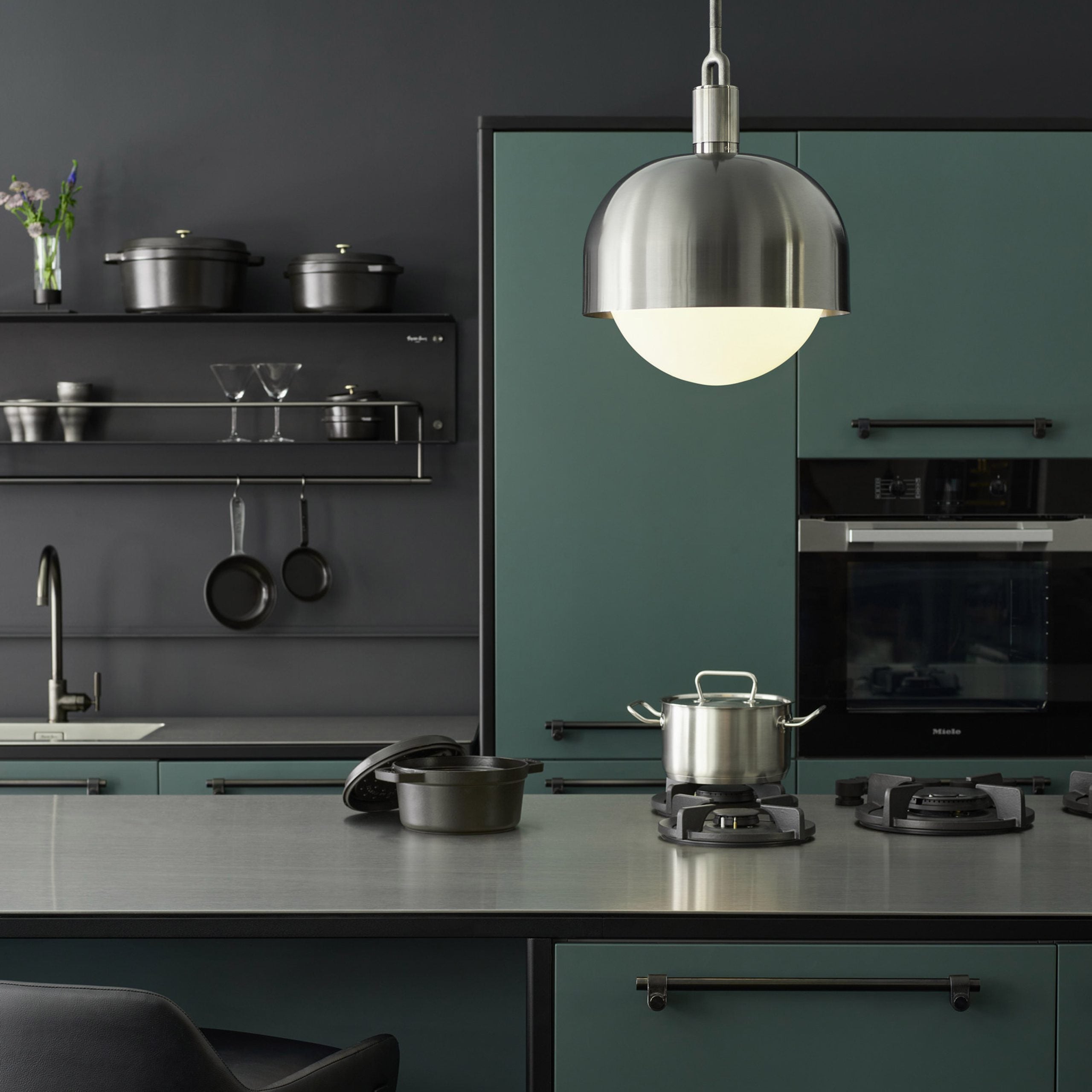 Forked Pendant Light / Shade / Globe / Opal / Large steel, in setting above kitchen island.