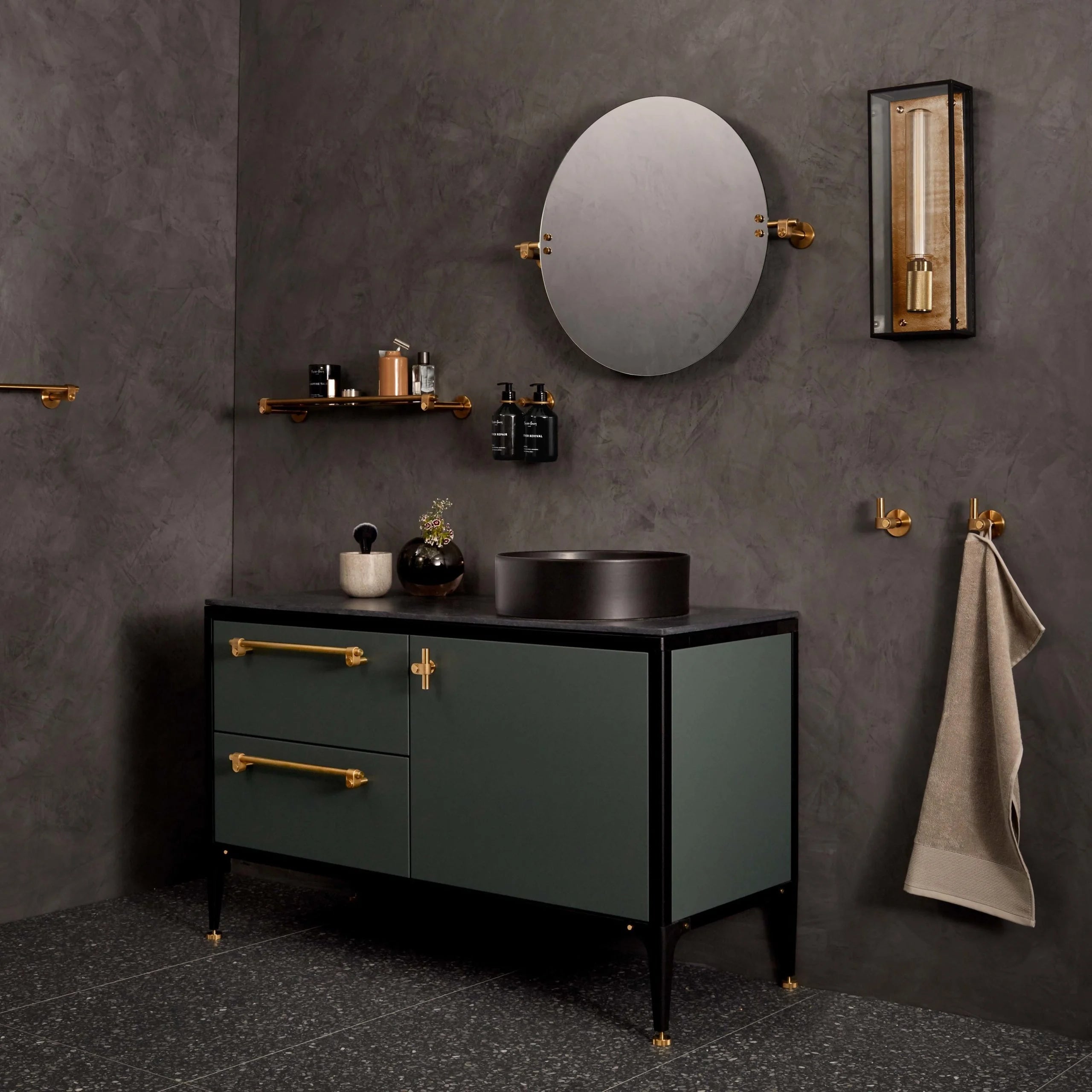 Caged Wet / Wall / Large brass, side view in bathroom setting.