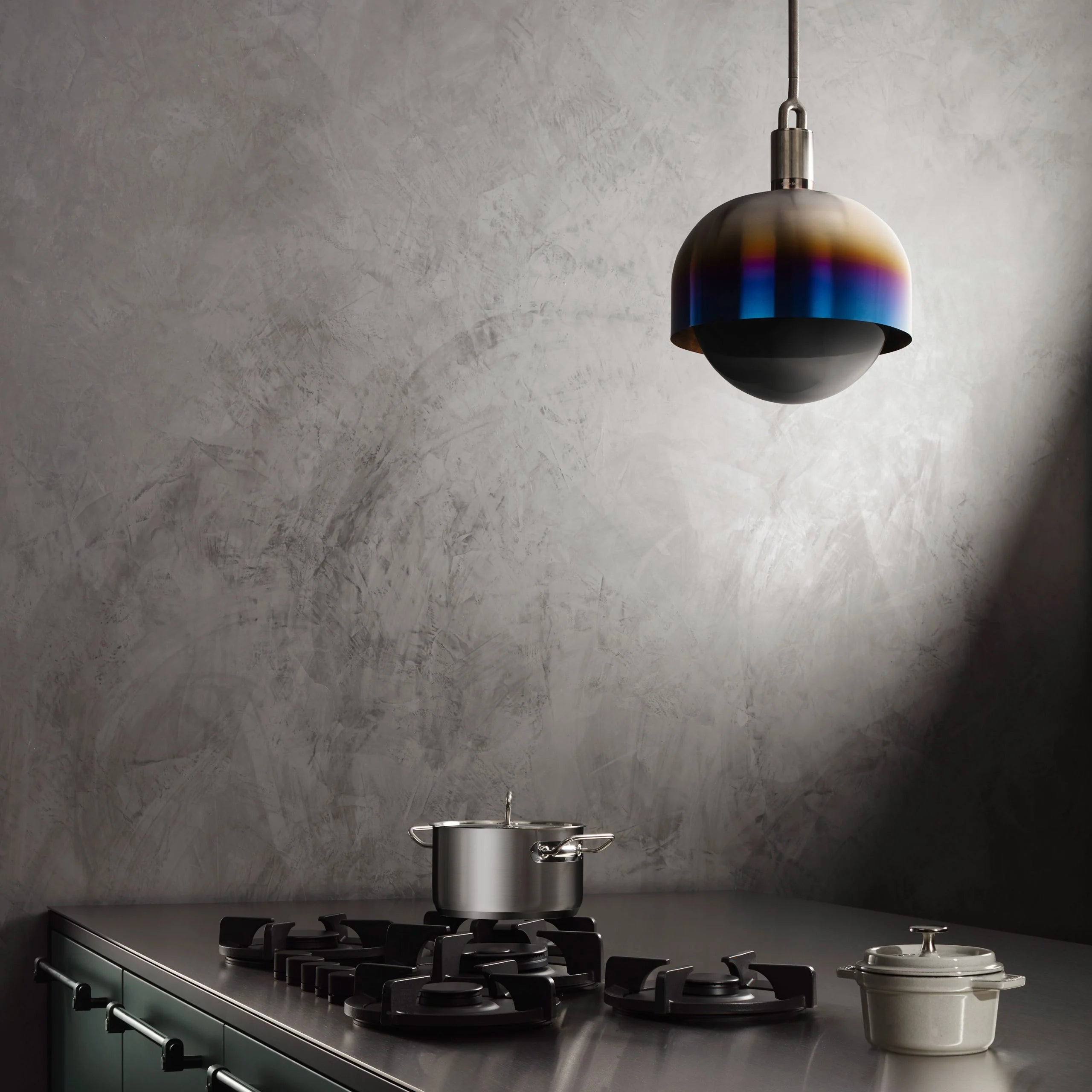 Forked Pendant Light / Shade / Globe / Smoked / Large burnt Steel,  having above stove in kitchen setting.