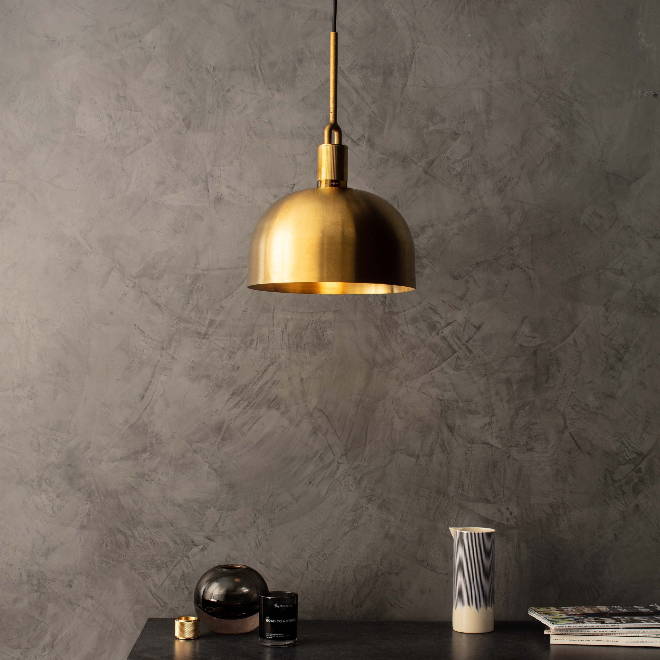Forked Pendant Light / Shade / Large brass, front view in setting.