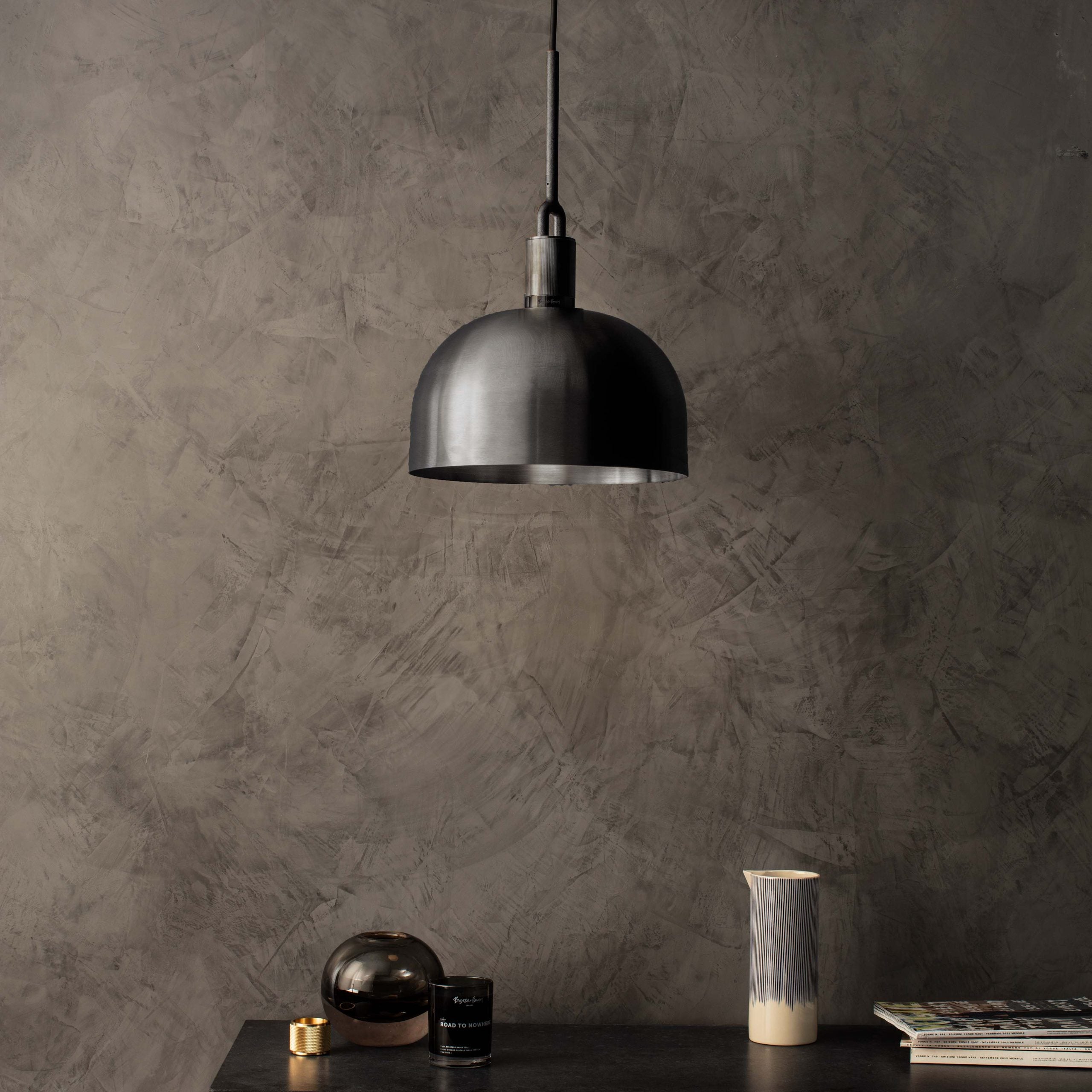 Forked Pendant Light / Shade / Large gun metal, front view in setting.