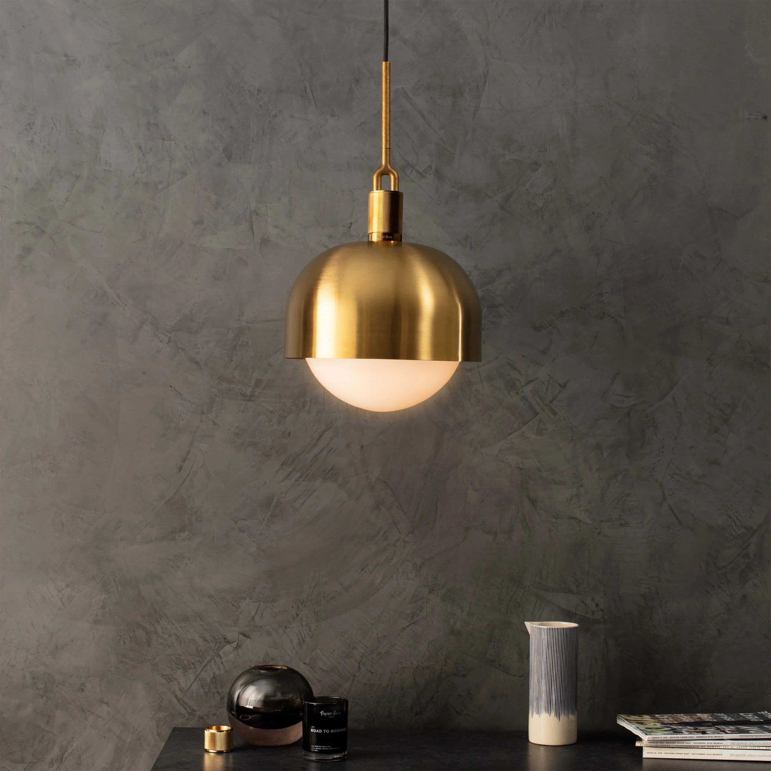 Forked Pendant Light / Shade / Globe / Opal / Large Brass,  front view in background setting.