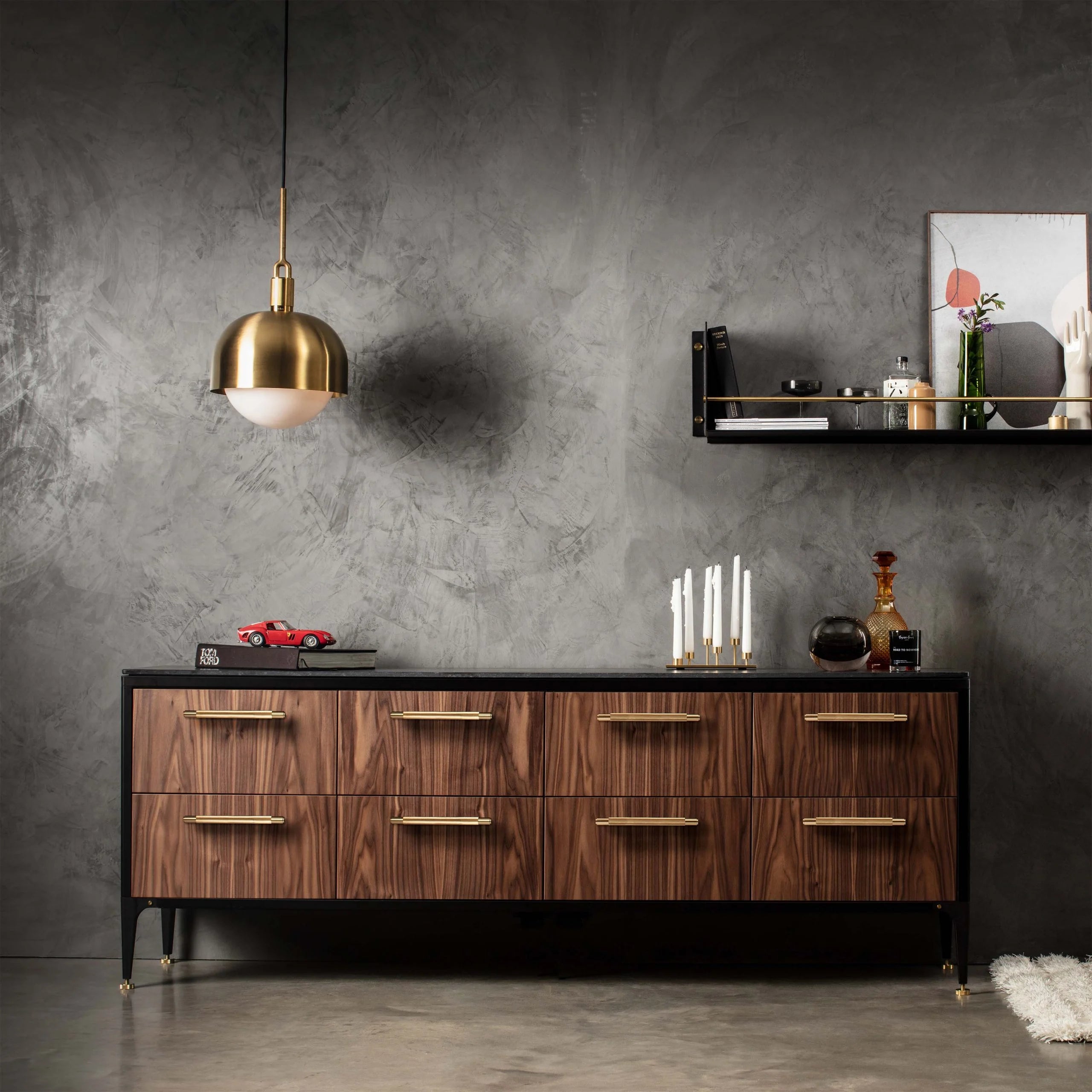 Forked Pendant Light / Shade / Globe / Opal / Large Brass,  in setting above cupboard.