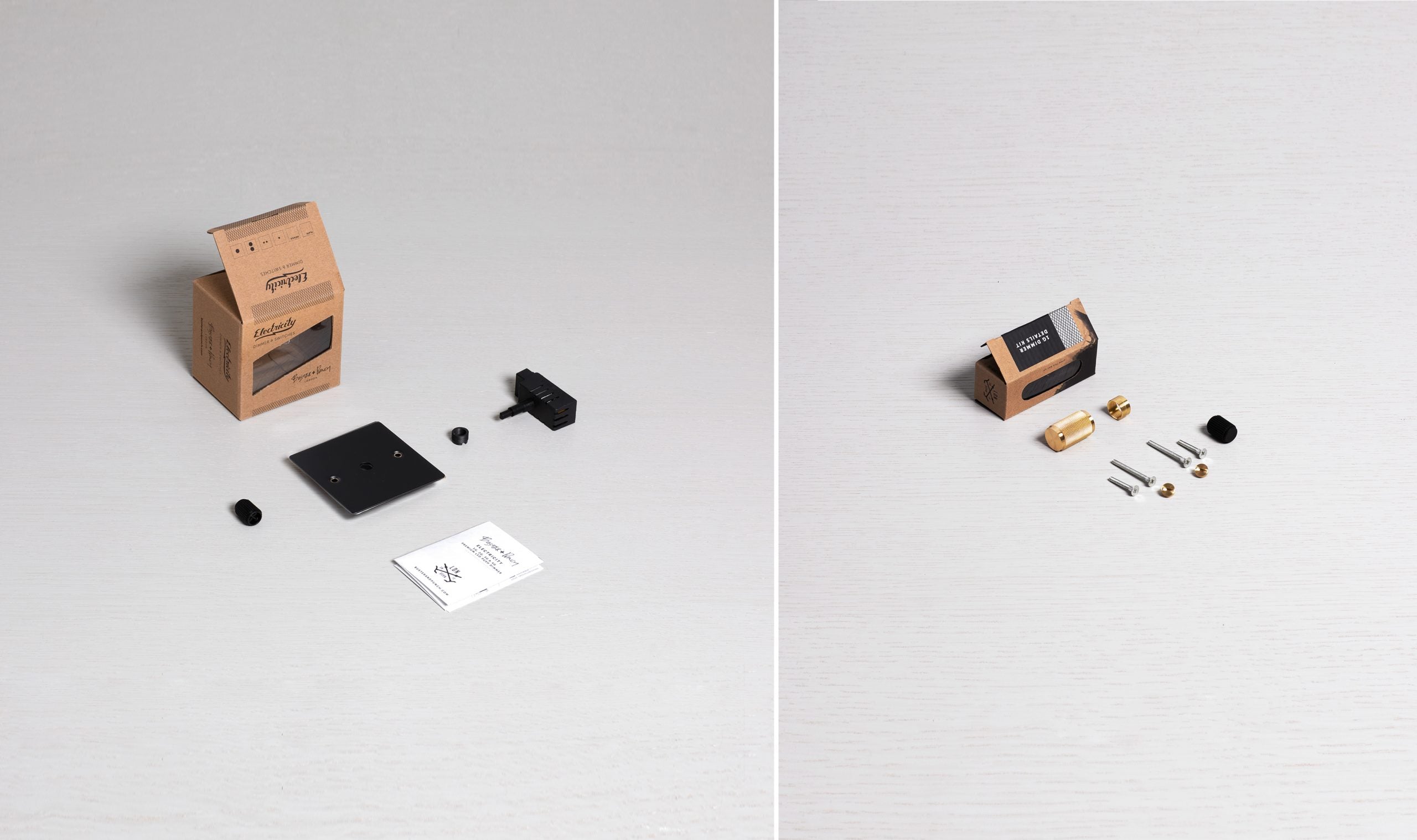 1G Dimmer/ 100W/ Black with Brass details, package contents.