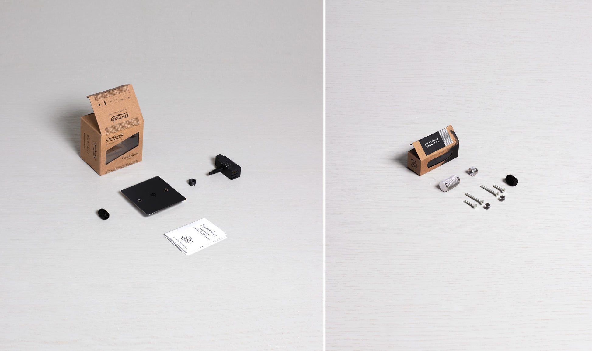 1G Dimmer/ 100W/ Black with steel details, package contents.