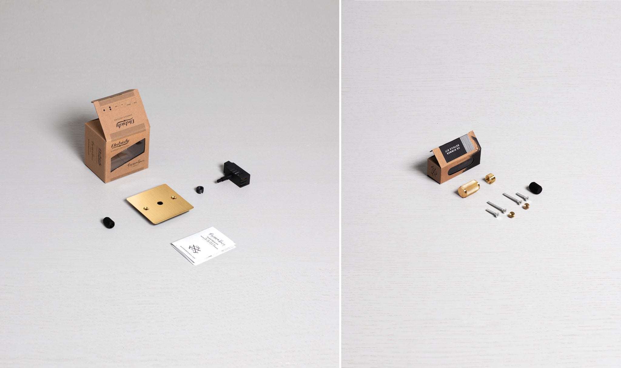 1G Dimmer/ 100W/ Brass with brass details, box contents.