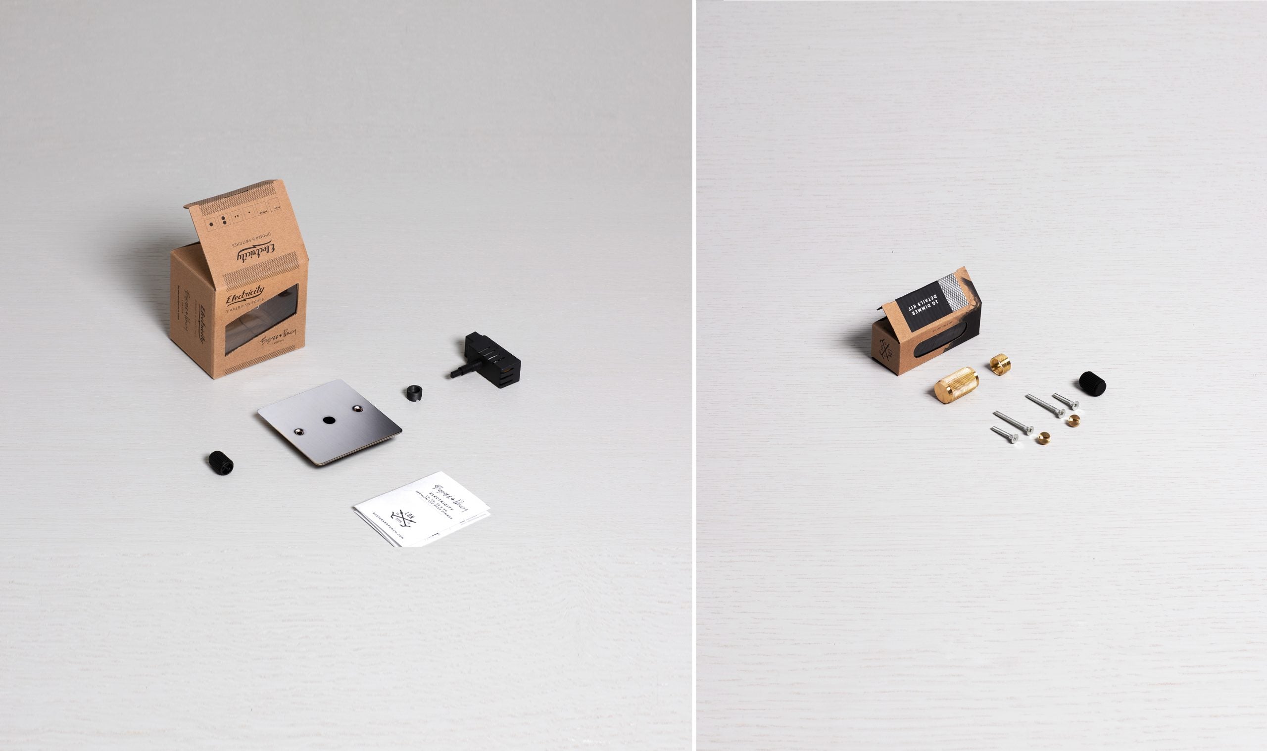 1G Dimmer/ 120W/ Steel with brass details, box contents.