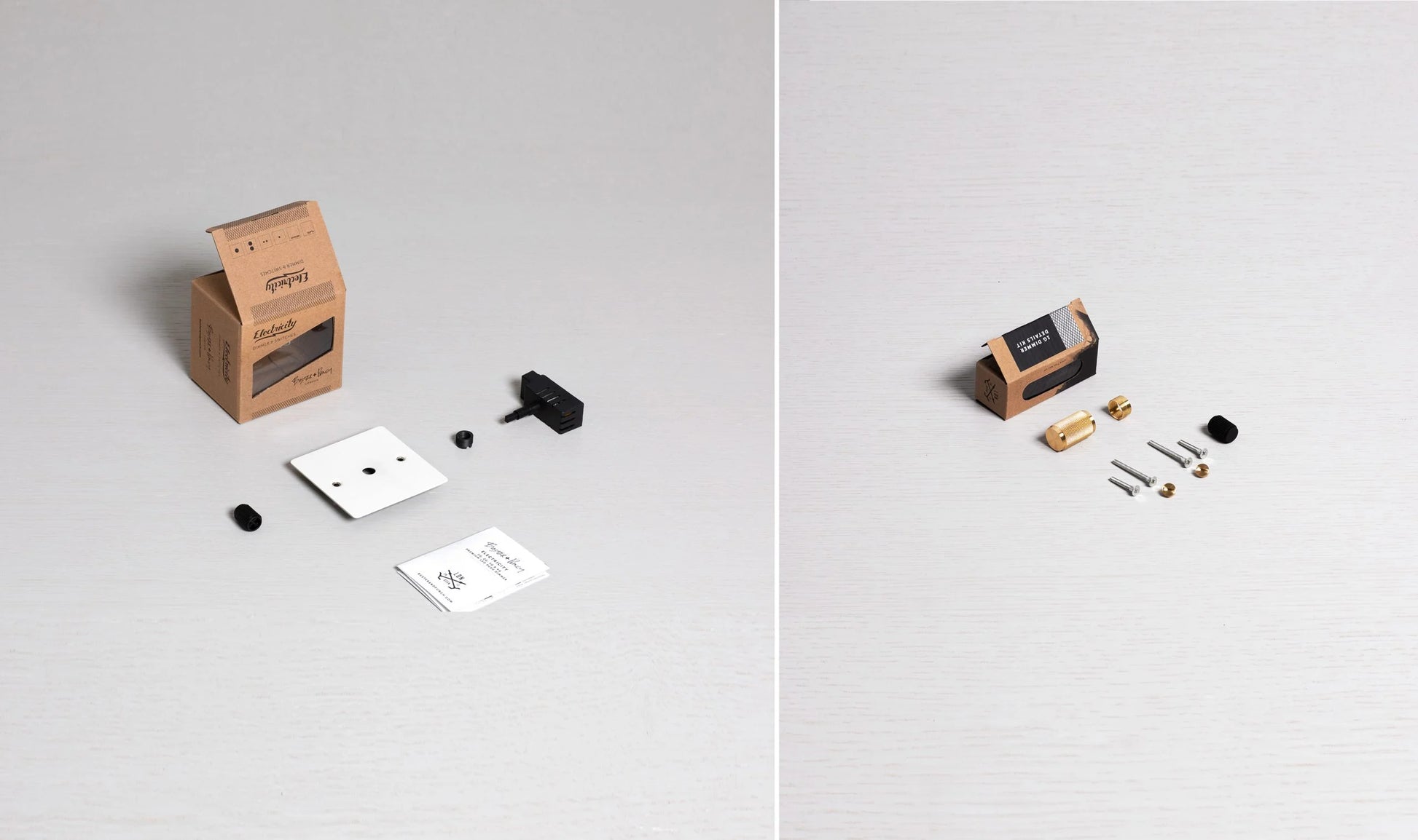 1G Dimmer/ 120W/ White with Brass details, box contents.