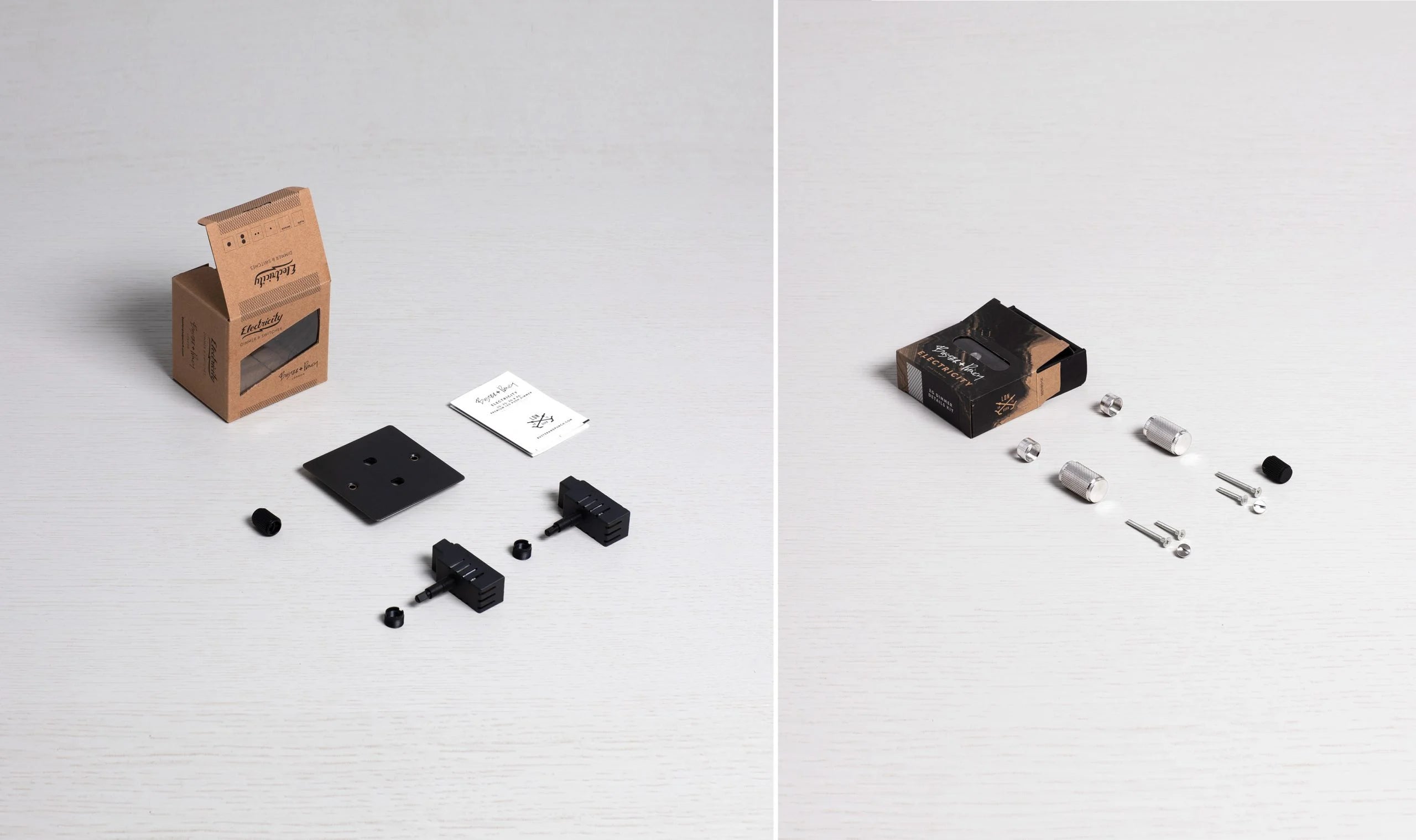 2G Dimmer/ 100W/ Smoked Bronze with steel details, box contents.