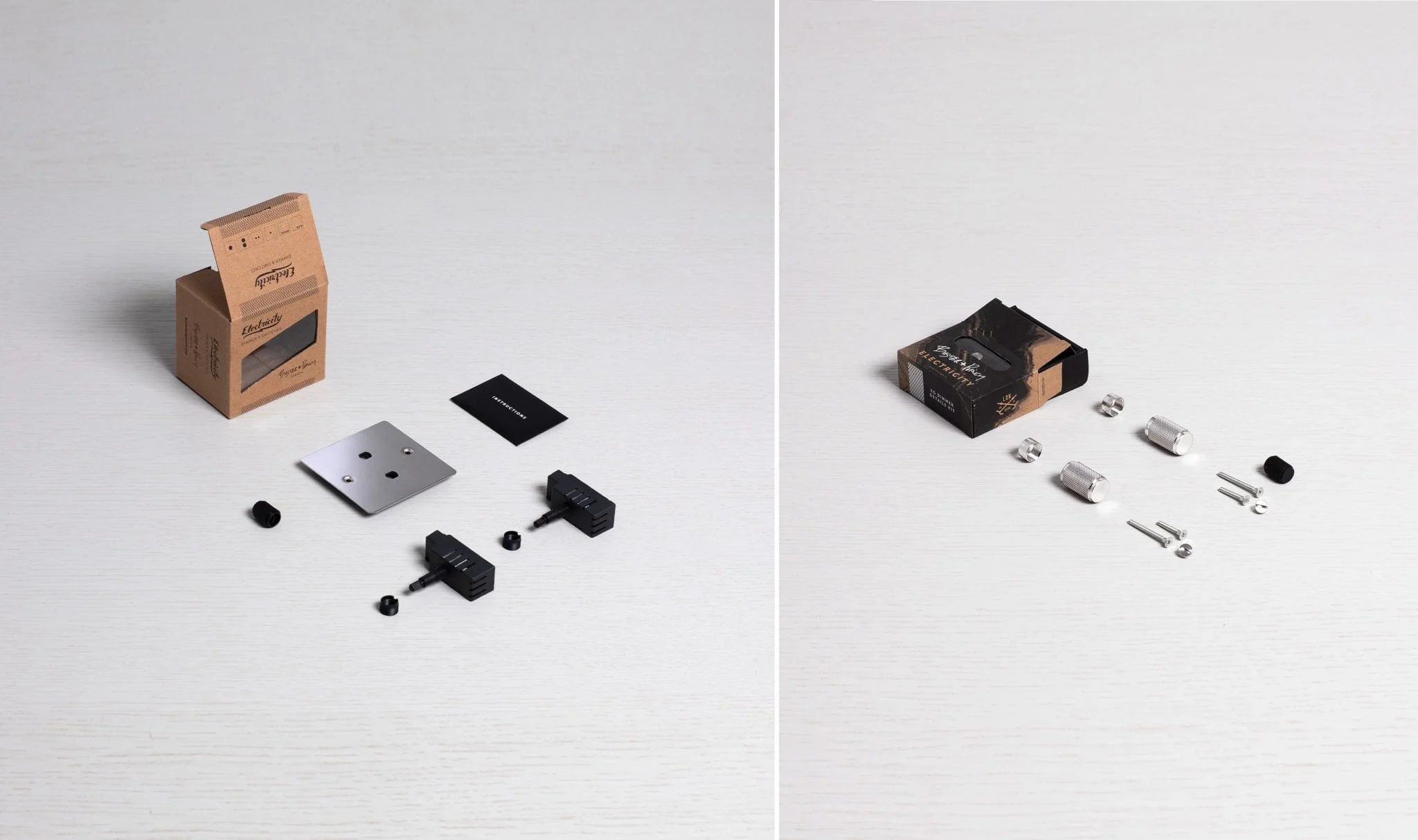 2G Dimmer/ 120W/ Steel with brass details, box contents.