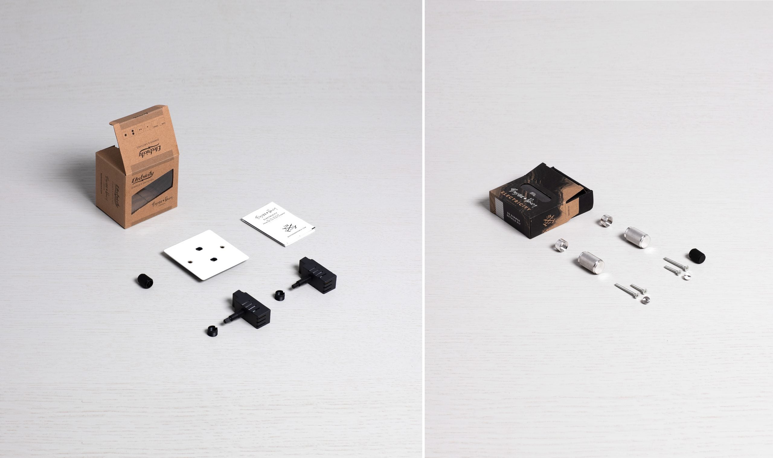 2G Dimmer/ 120W/ White with steel detail, box contents.