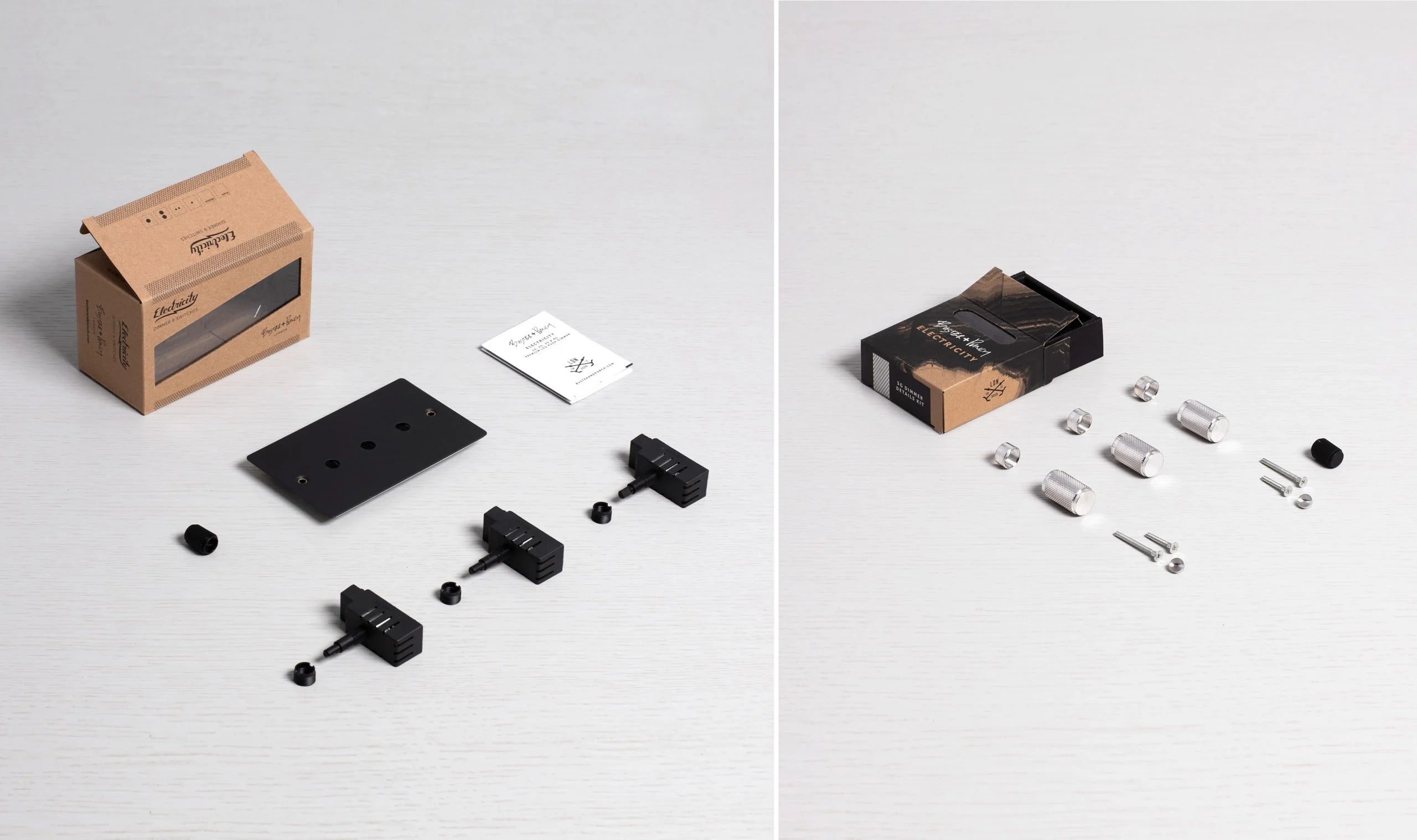 3G Dimmer/ 120W/ Smoked Bronze with steel details, box contents.
