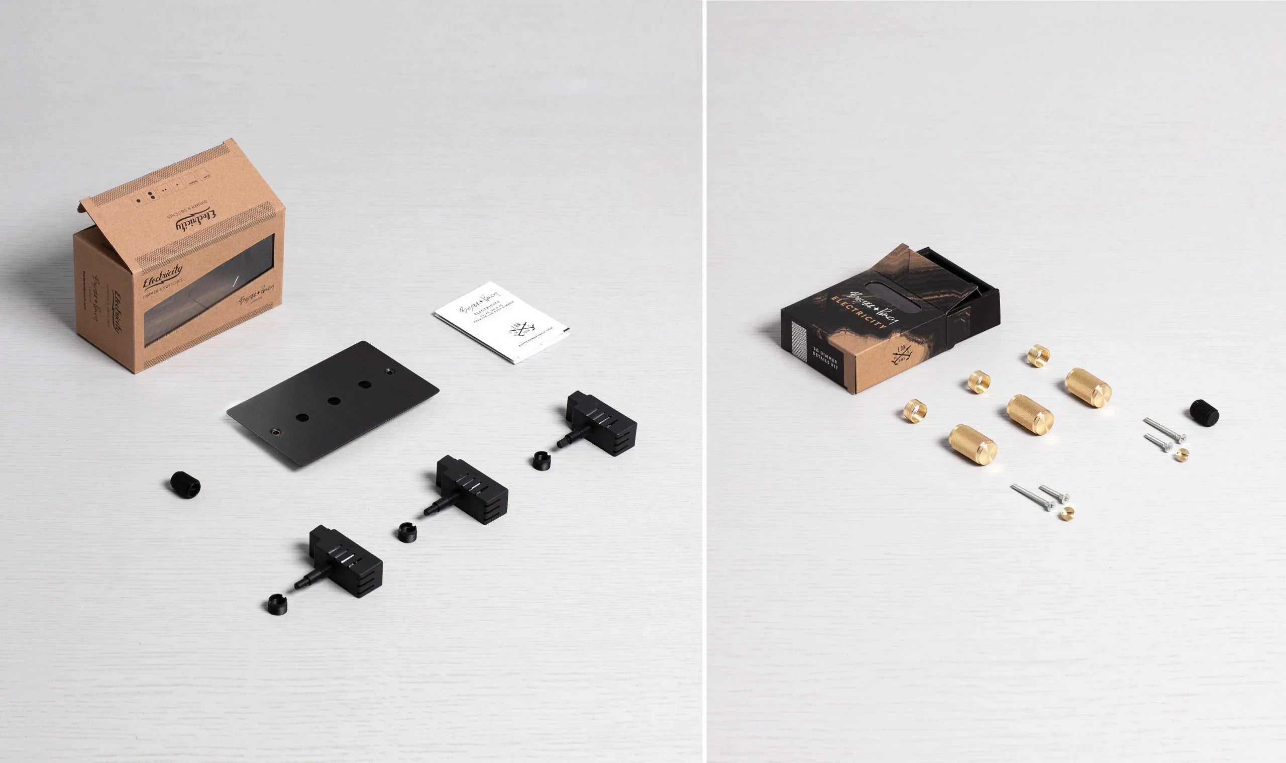3G Dimmer/ 120W/ Smoked Bronze with brass details, box contents.