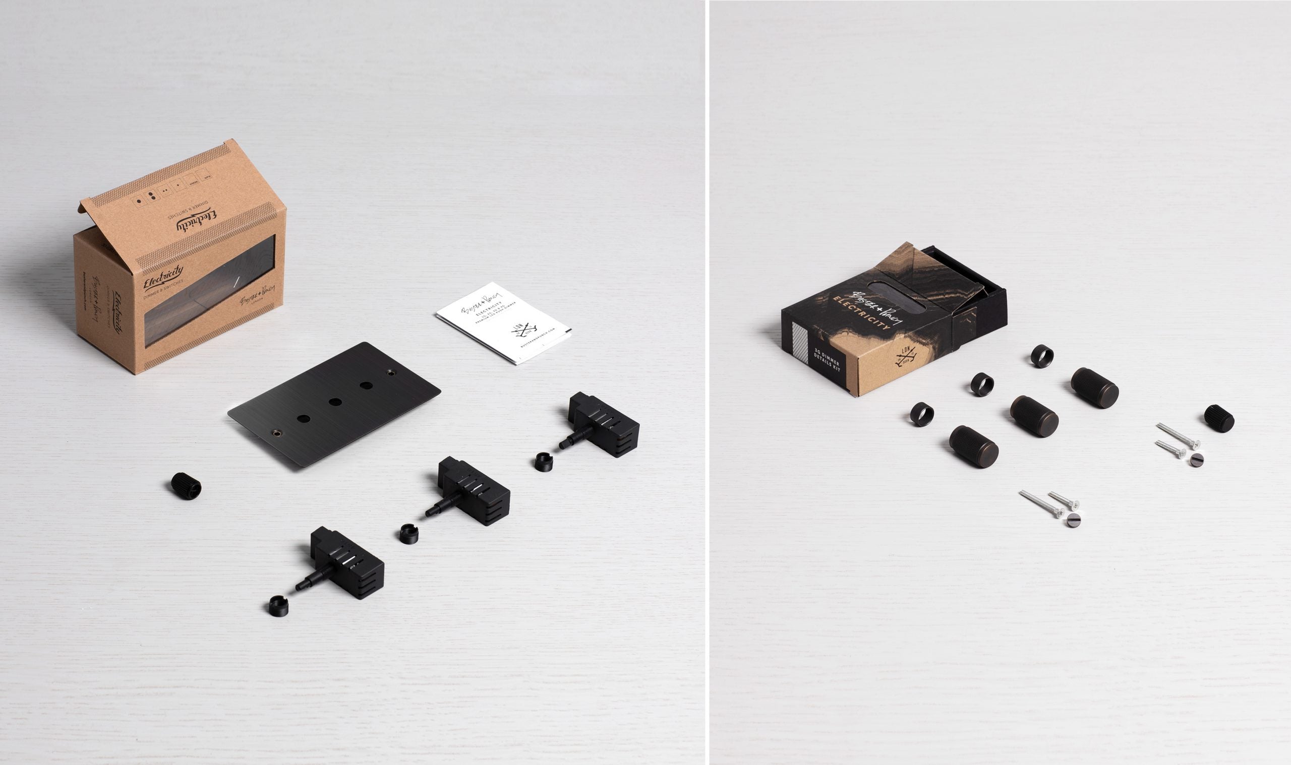 3G Dimmer/ 120W/ Smoked Bronze with smoked bronze details, box contents.