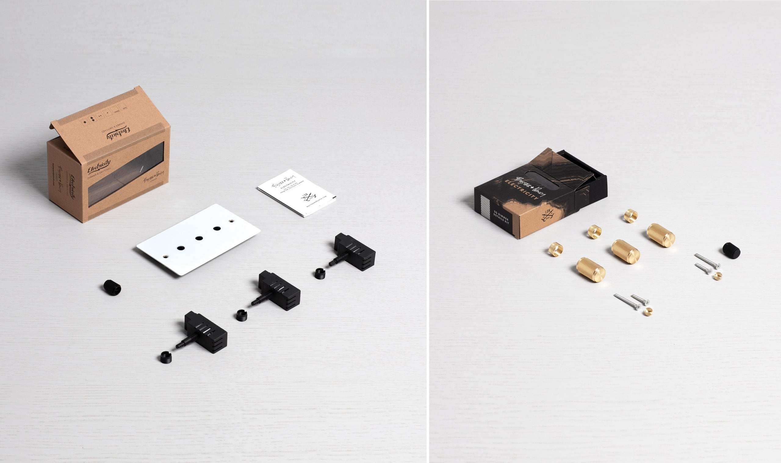 3G Dimmer/ 100W/ White with brass details, box contents.