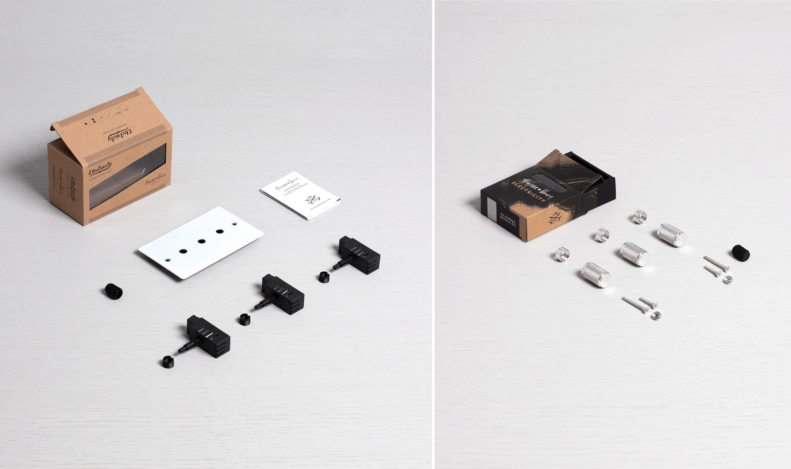 3G Dimmer/ 100W/ White with steel details, box contents.