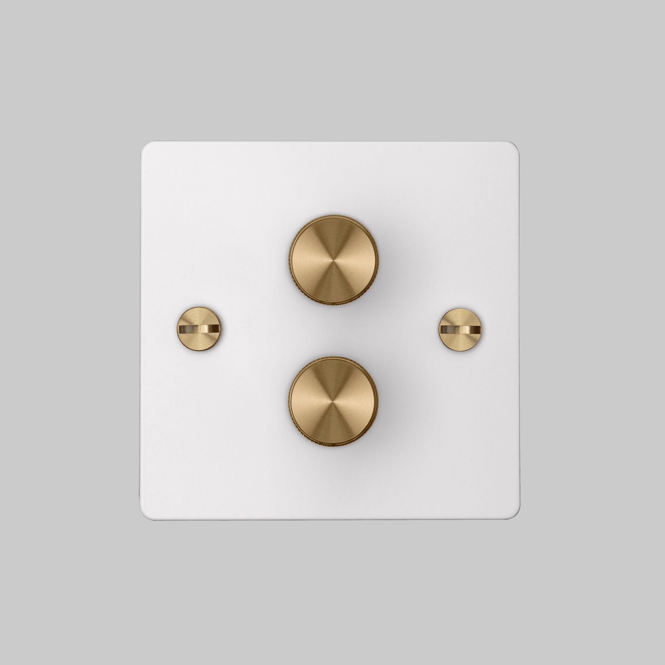 2G Dimmer/ 120W/ White with brass detail, front view.