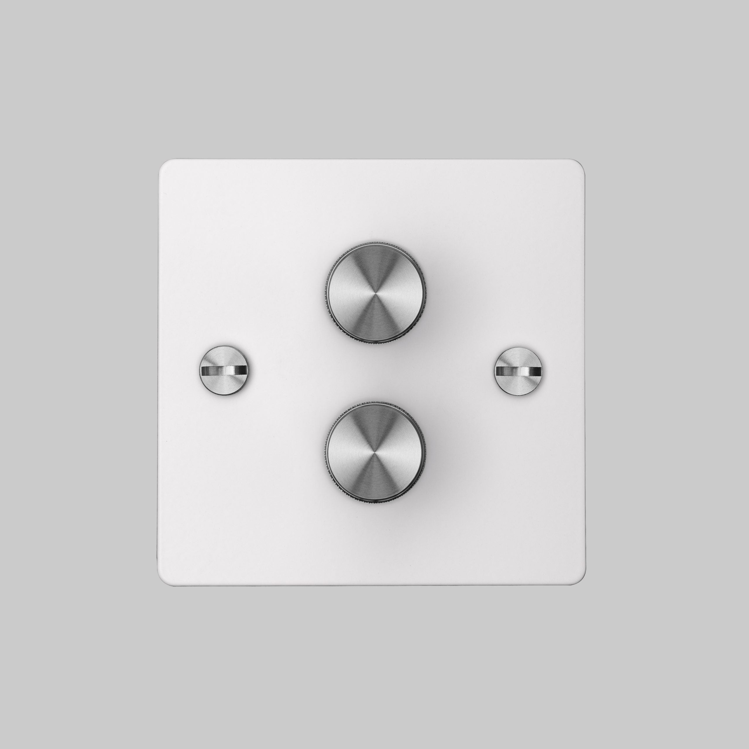 2G Dimmer/ 120W/ White with steel detail, front view.