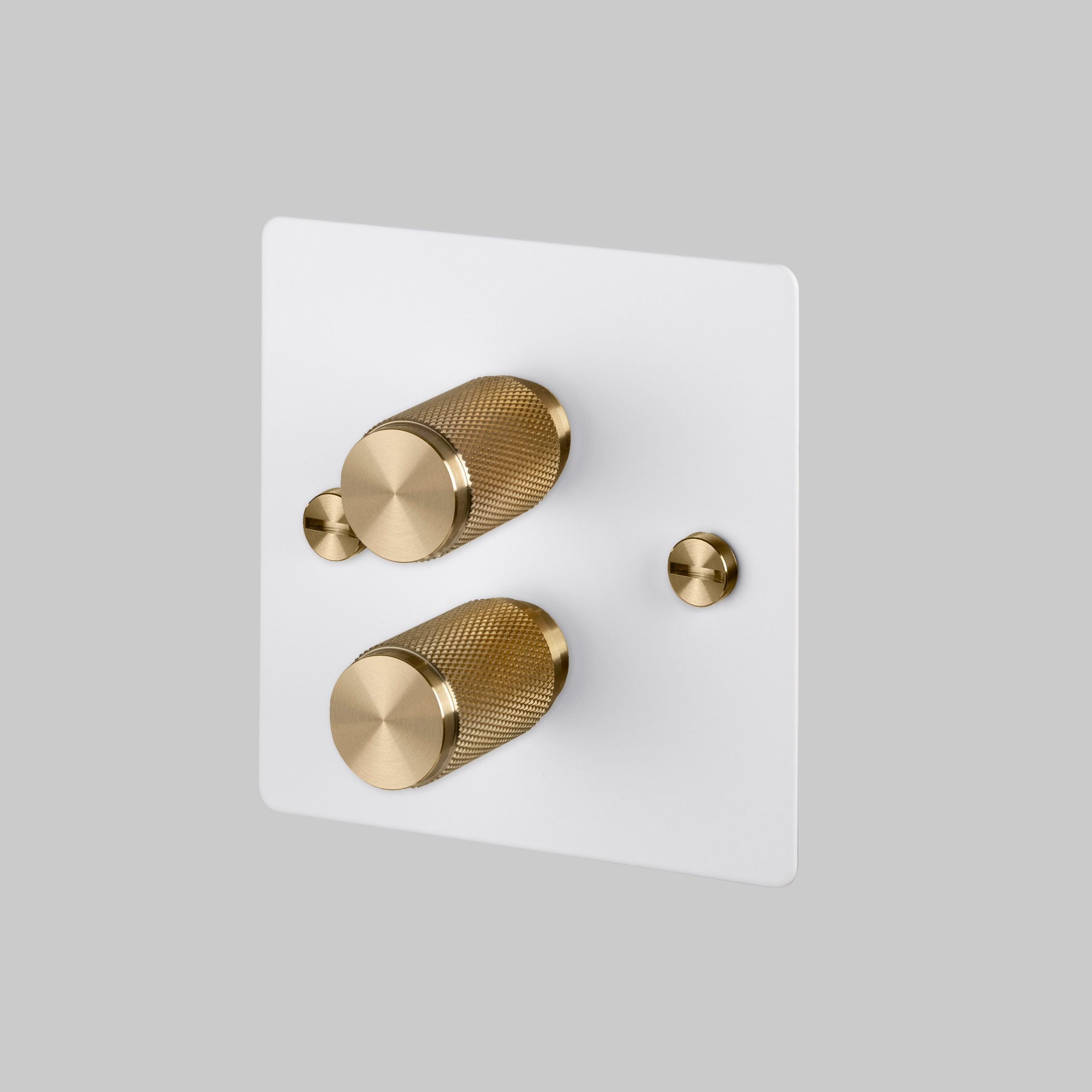 2G Dimmer/ 120W/ White with brass detail, angled view.