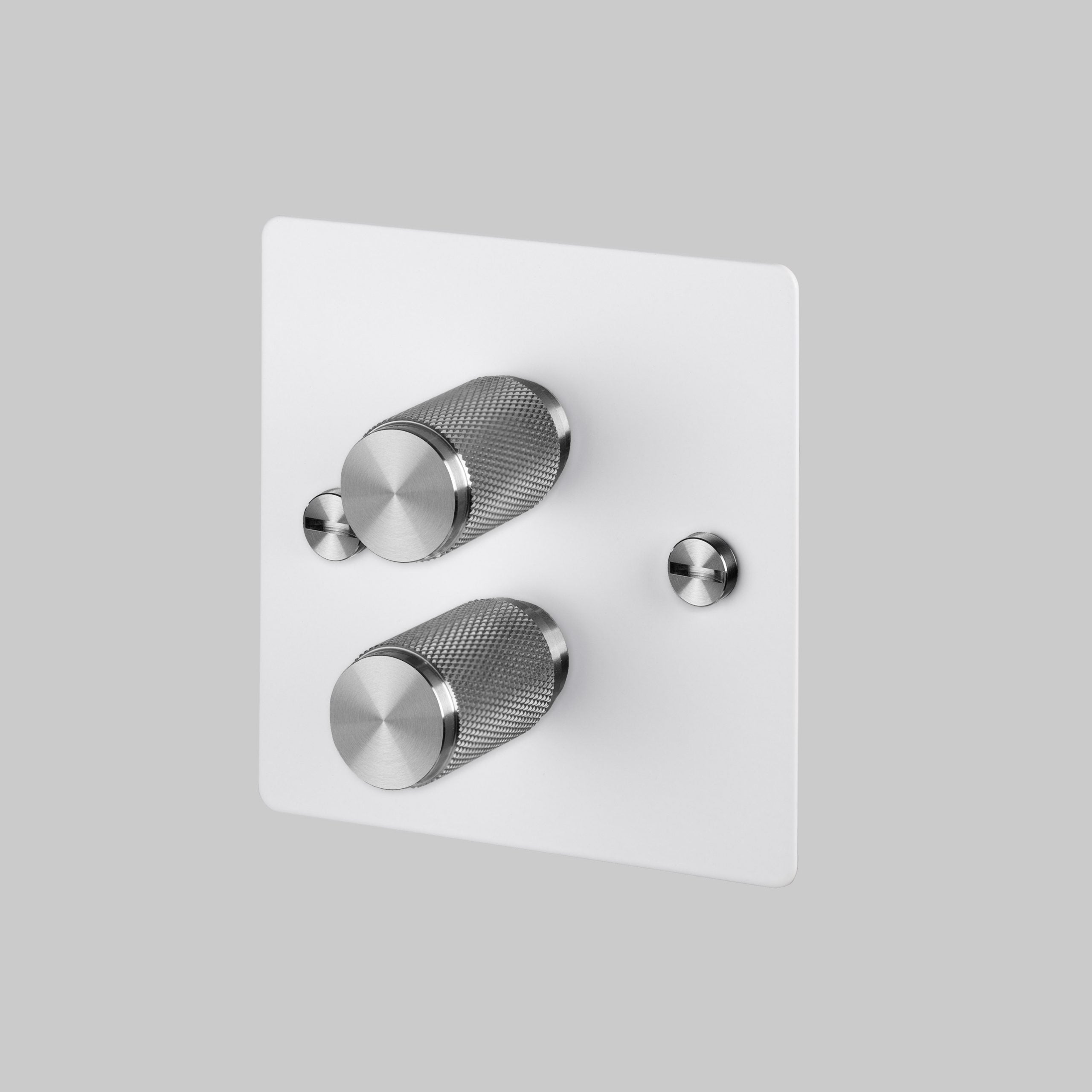 2G Dimmer/ 120W/ White with steel detail, angled view.