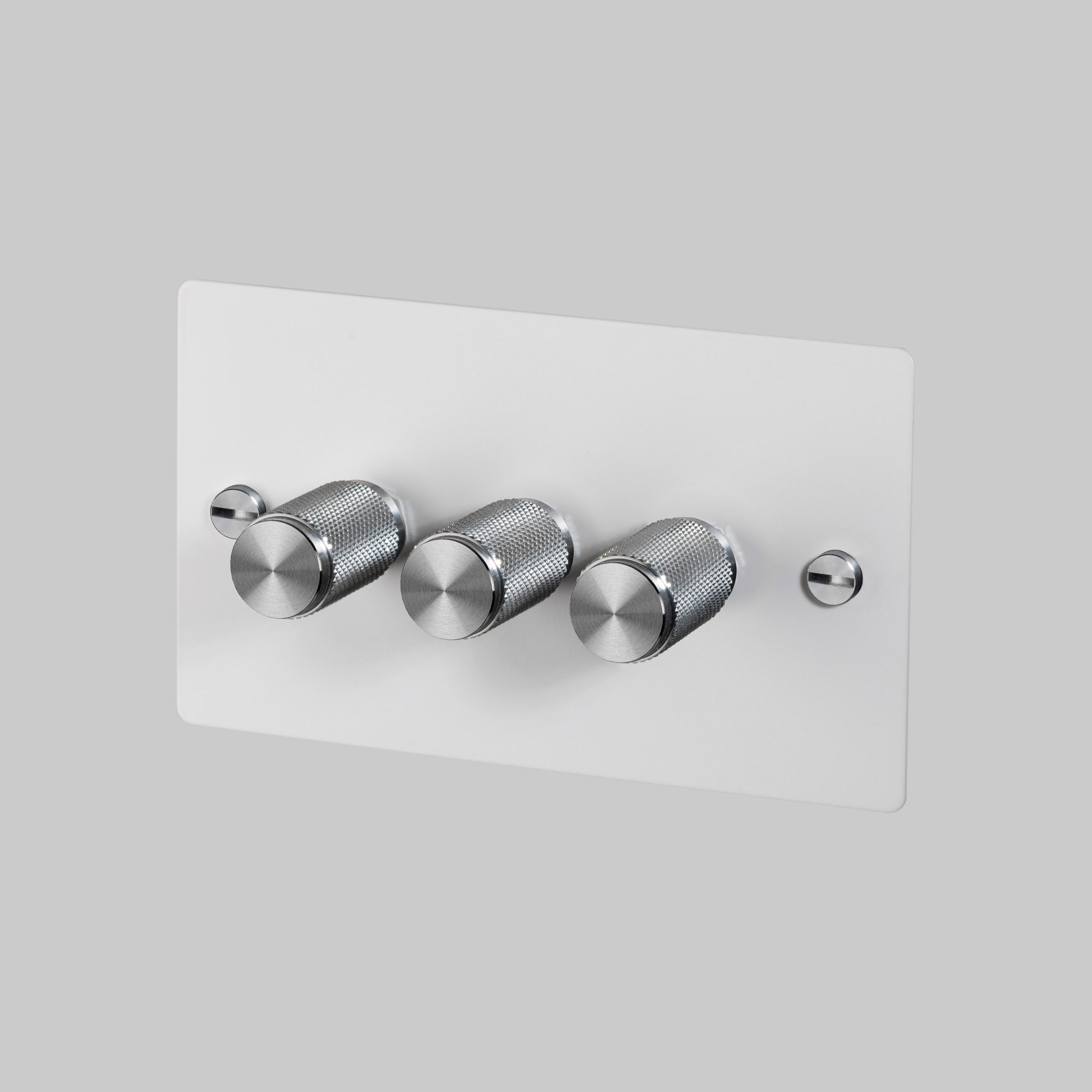 3G Dimmer/ 100W/ White with steel details, angled view.