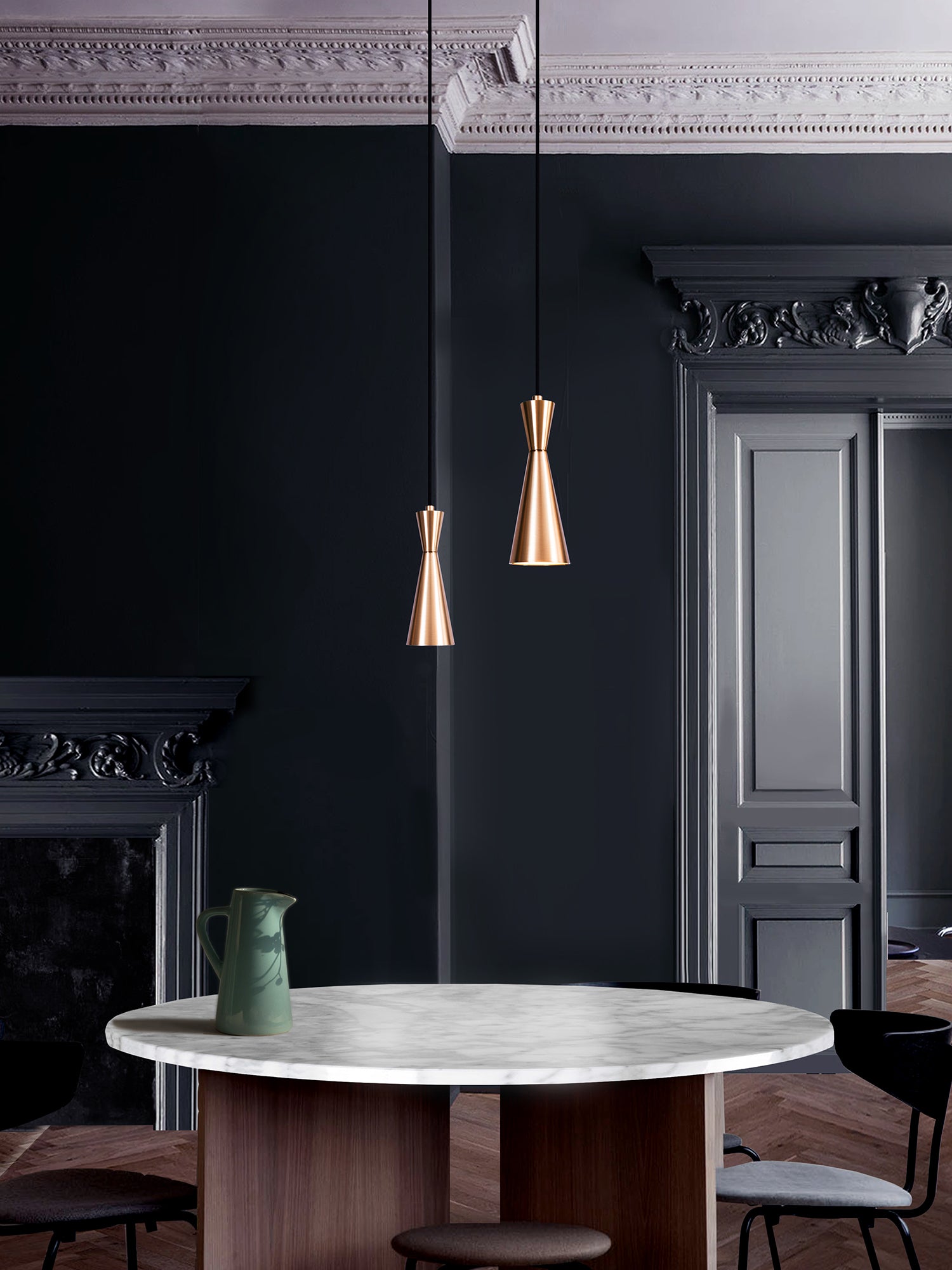 Cone Pendant Light, hanging from ceiling above table in setting.