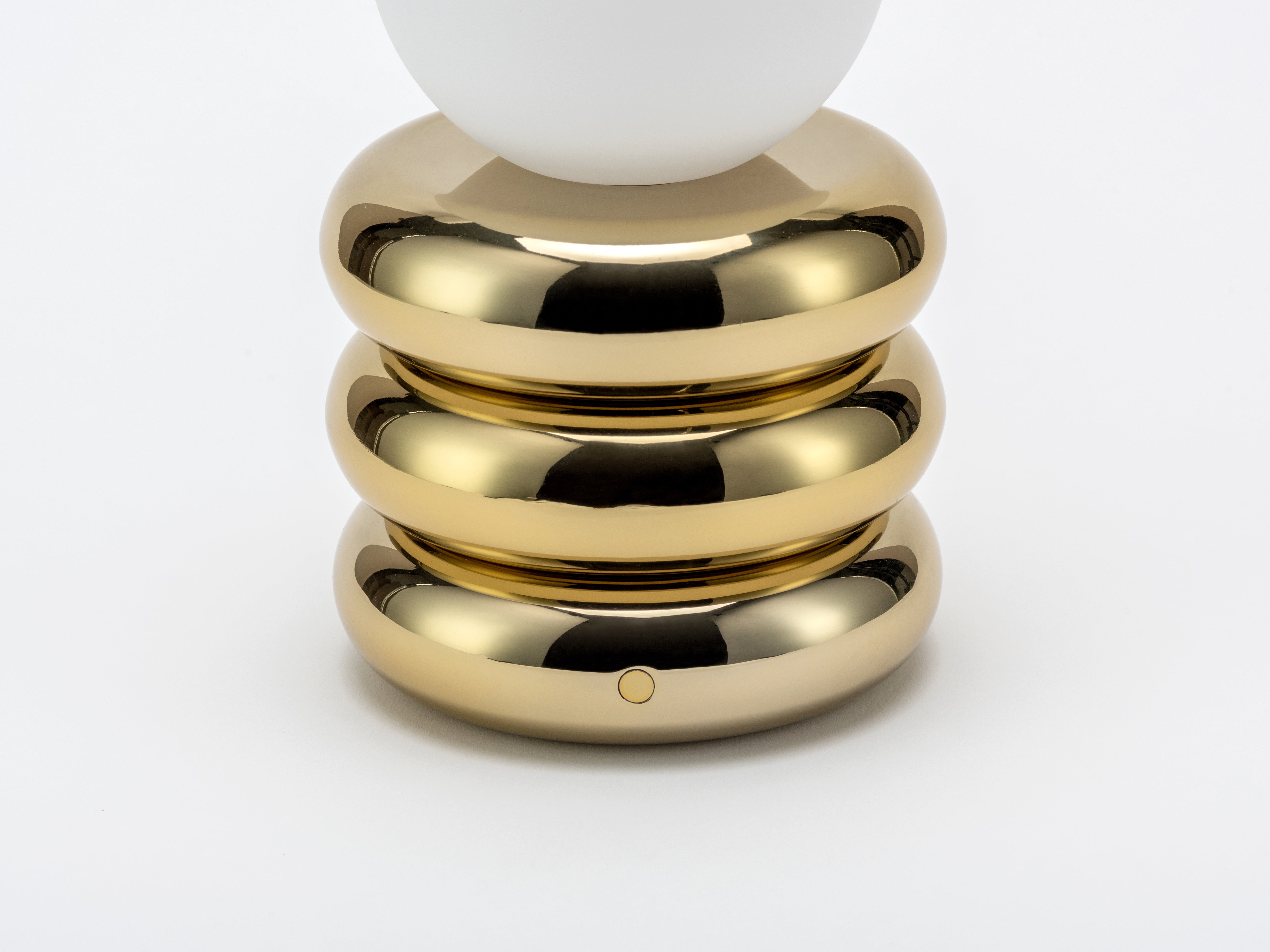 Brass Rechargeable Table Lamp, detailed close front view, showing button.