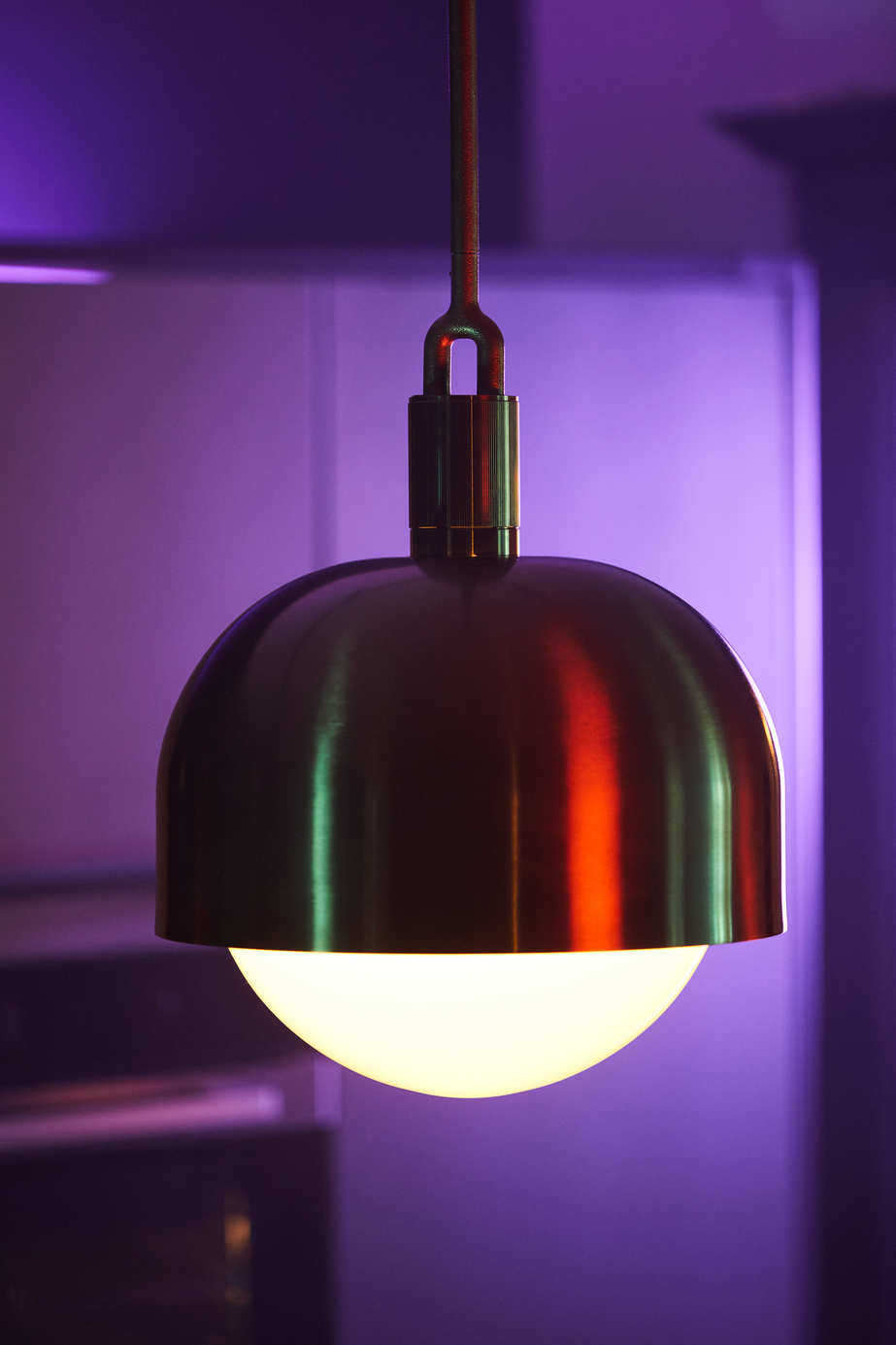 Forked Pendant Light / Shade / Globe / Opal / Large Brass, close up view in setting.