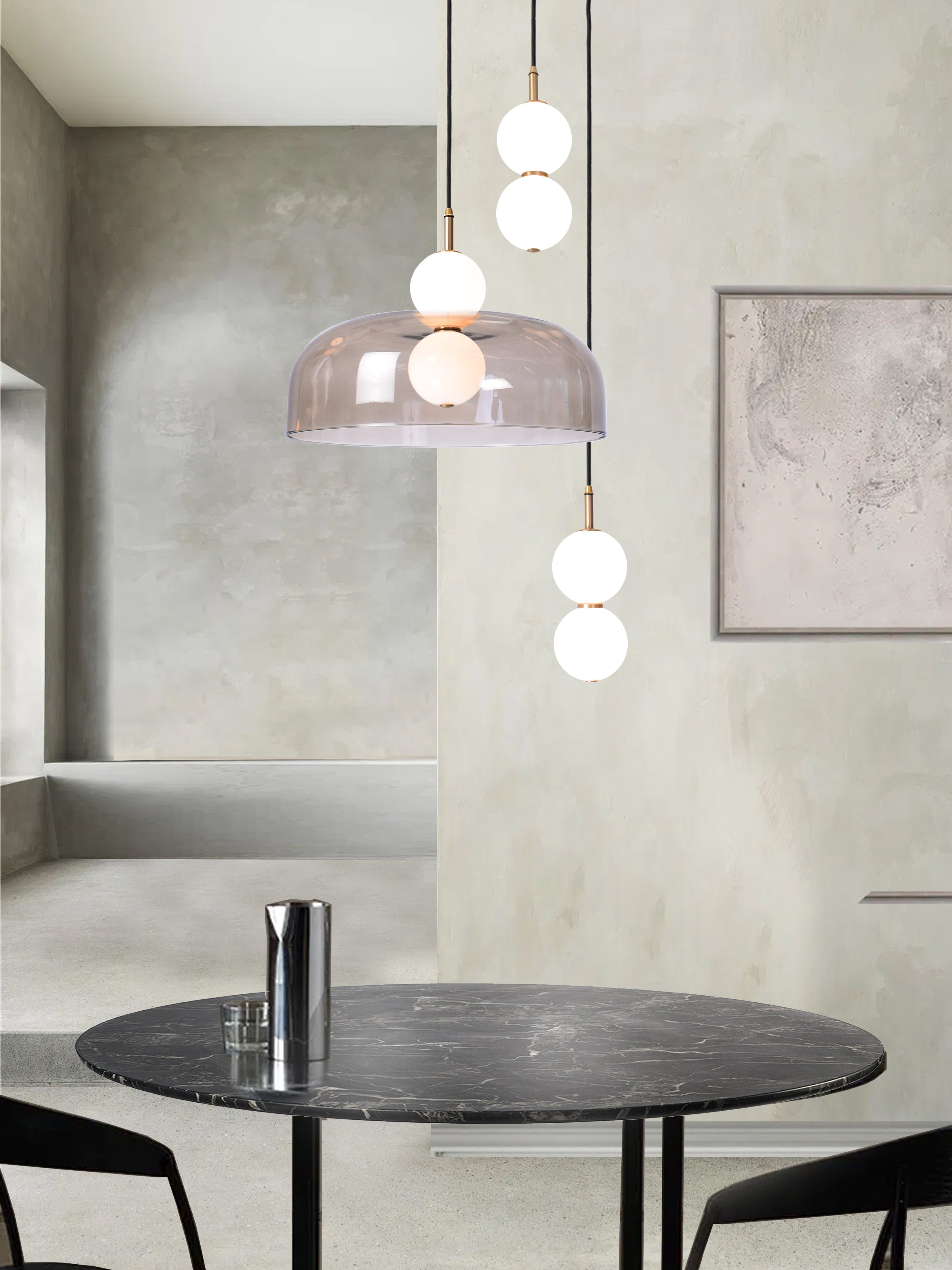 Echo 3 Shade Cluster Light, hanging from ceiling above table in setting.