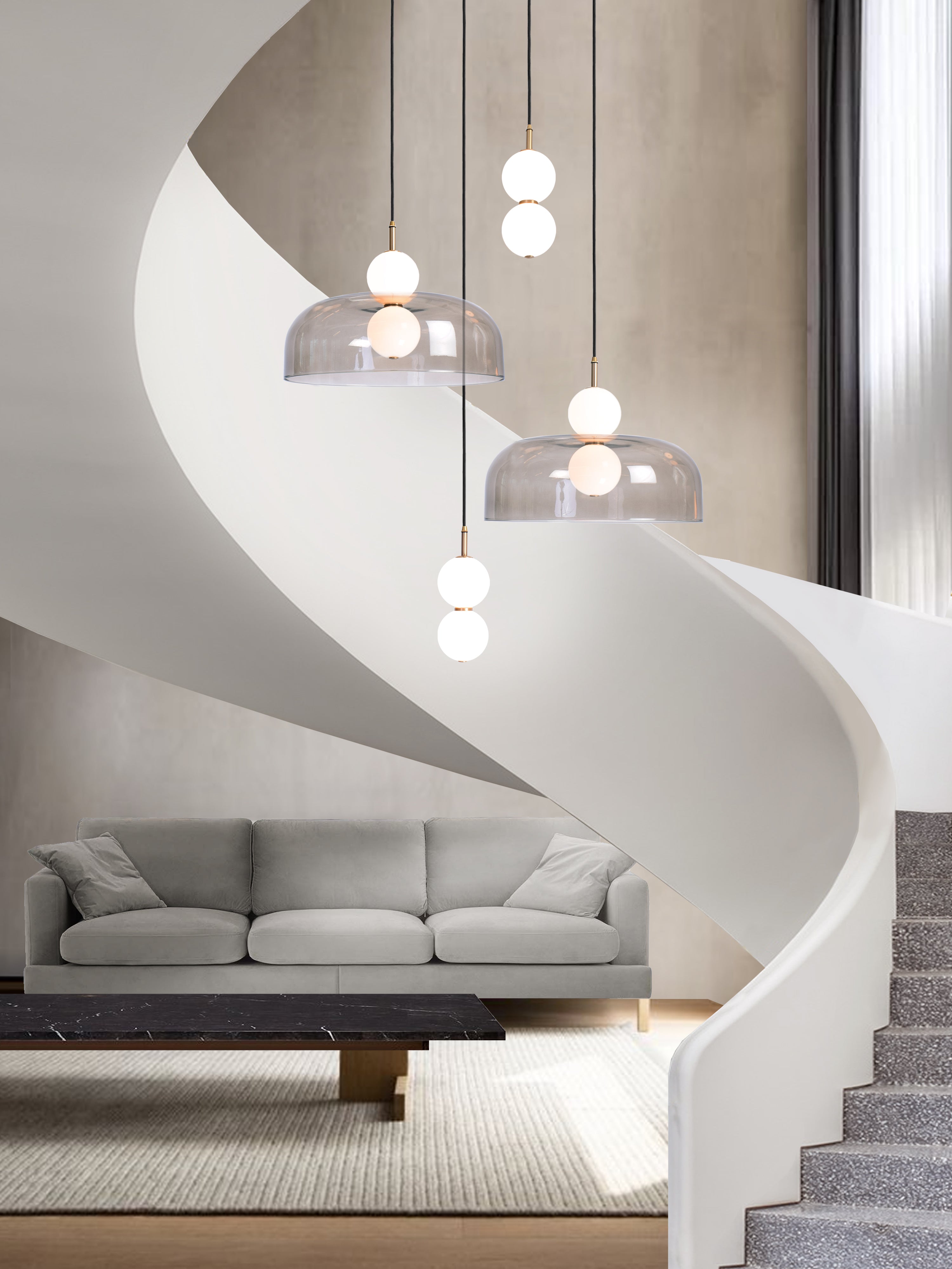 Echo 4 Shade Cluster Light, hanging from ceiling above table in stairway setting.