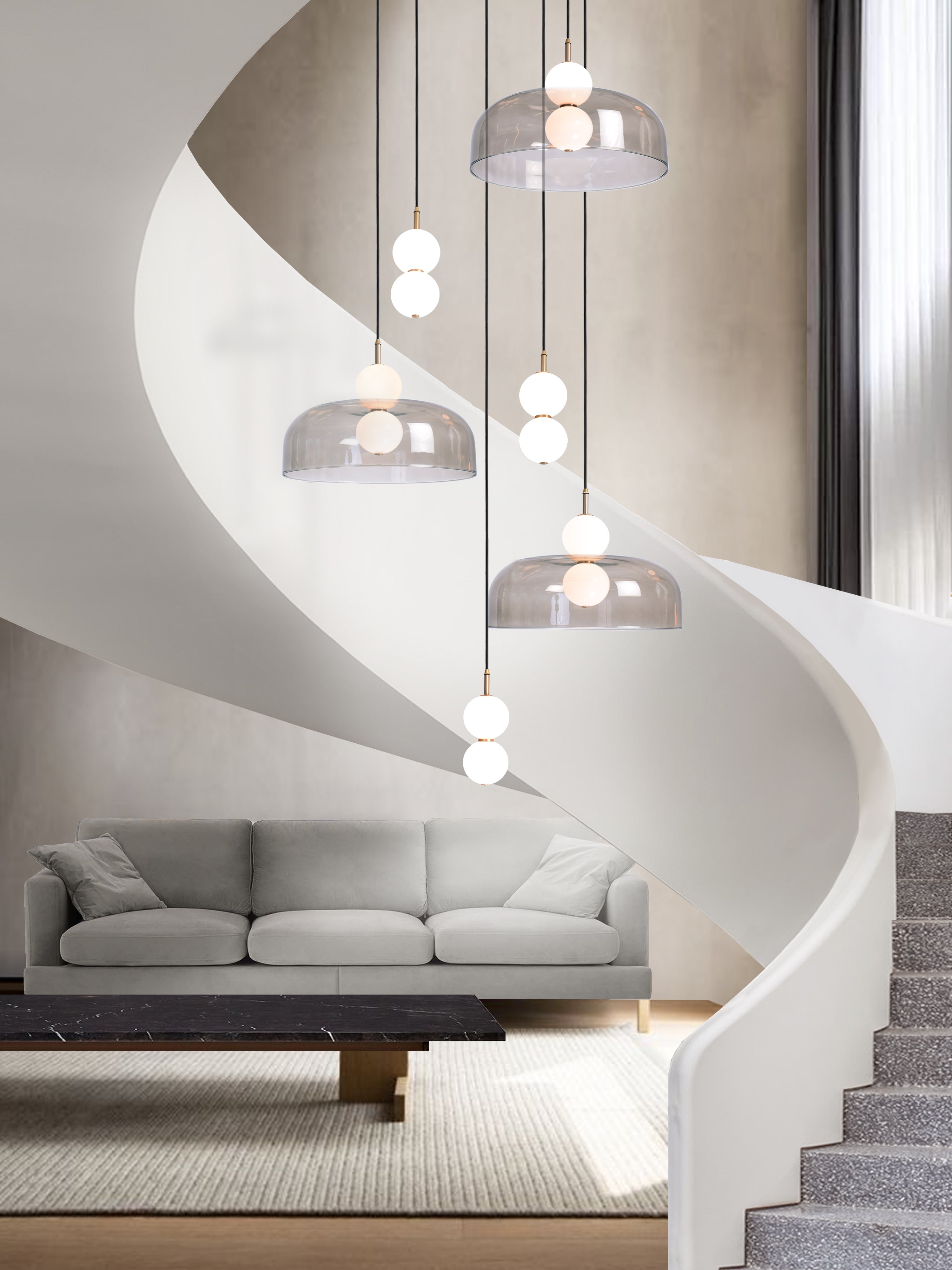 Echo 6 Shade Cluster Light, hanging from ceiling above table in stairway setting.