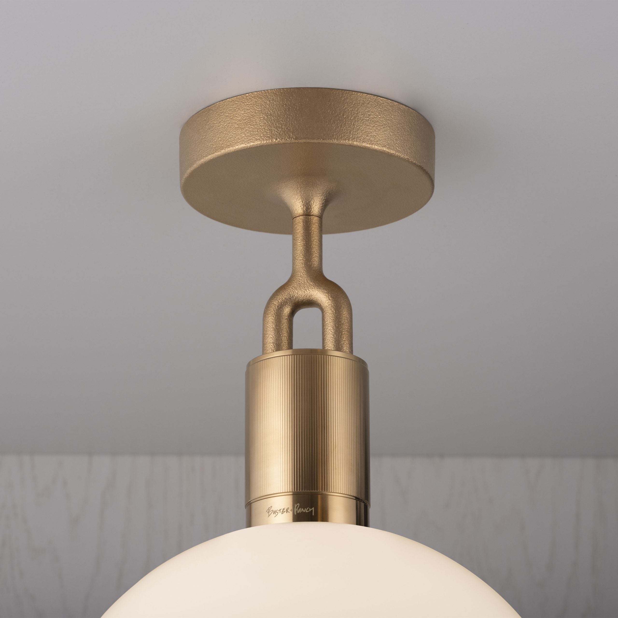 Forked Ceiling Light / Globe / Opal / Large Brass, detailed close up view of fork and fitting.