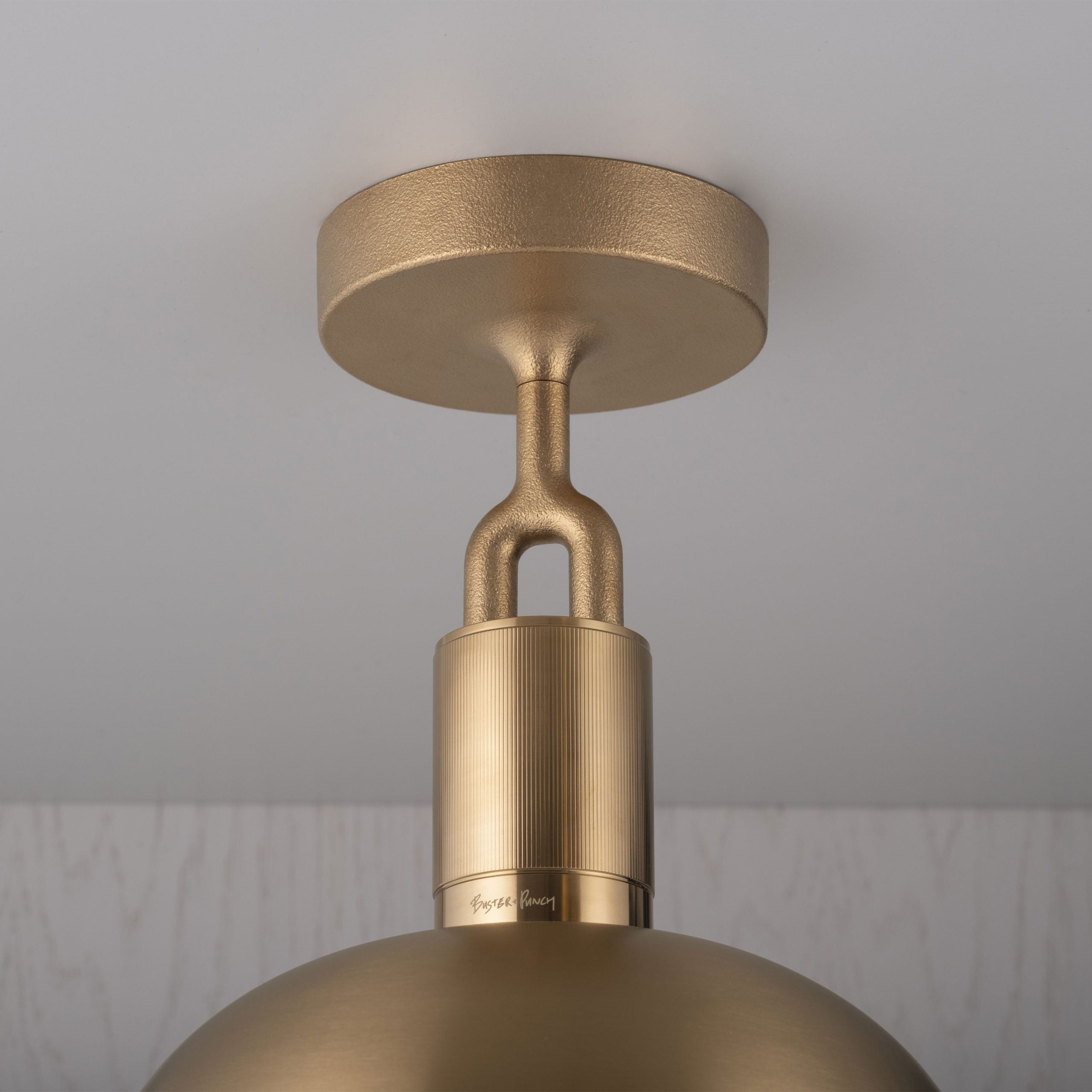 Forked Ceiling Light / Shade / Globe / Smoked / Medium brass, detailed close up of fork and fitting.