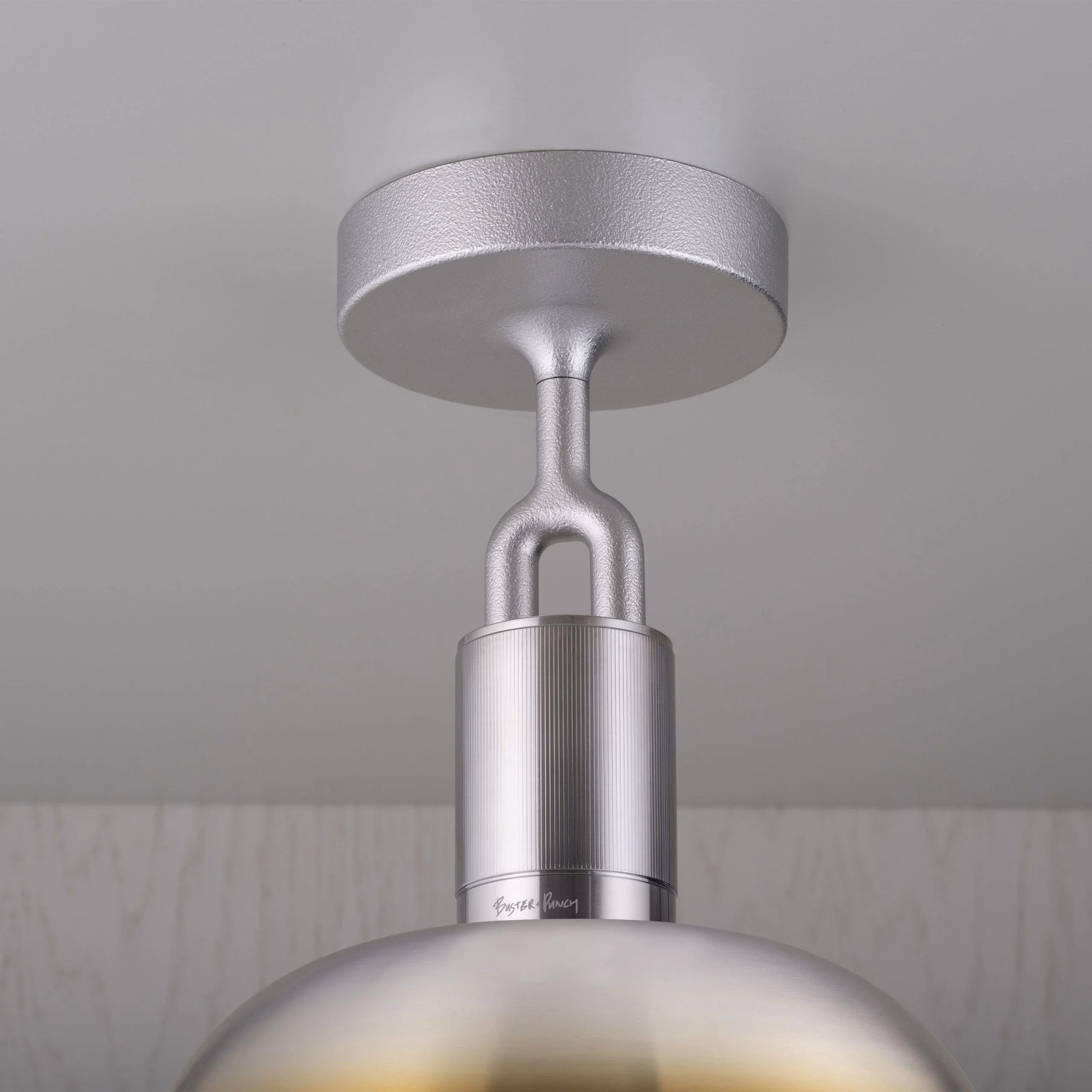 Forked Ceiling Light / Shade / Globe / Opal / Medium burnt steel, detailed close up view of fork and fitting.