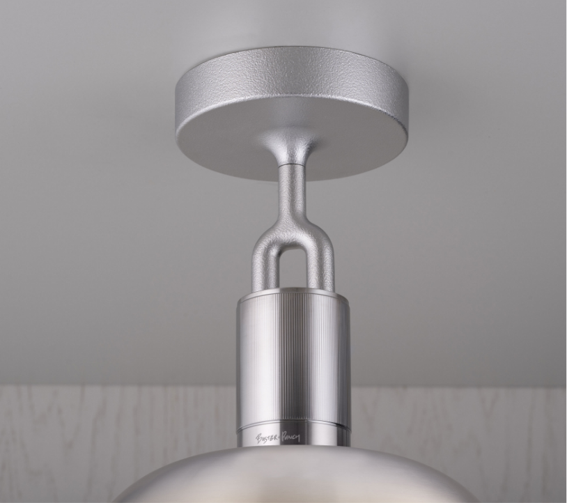 Forked Ceiling Light / Shade / Globe / Smoked / Large Burnt Steel, detailed close up view of fork and fitting.