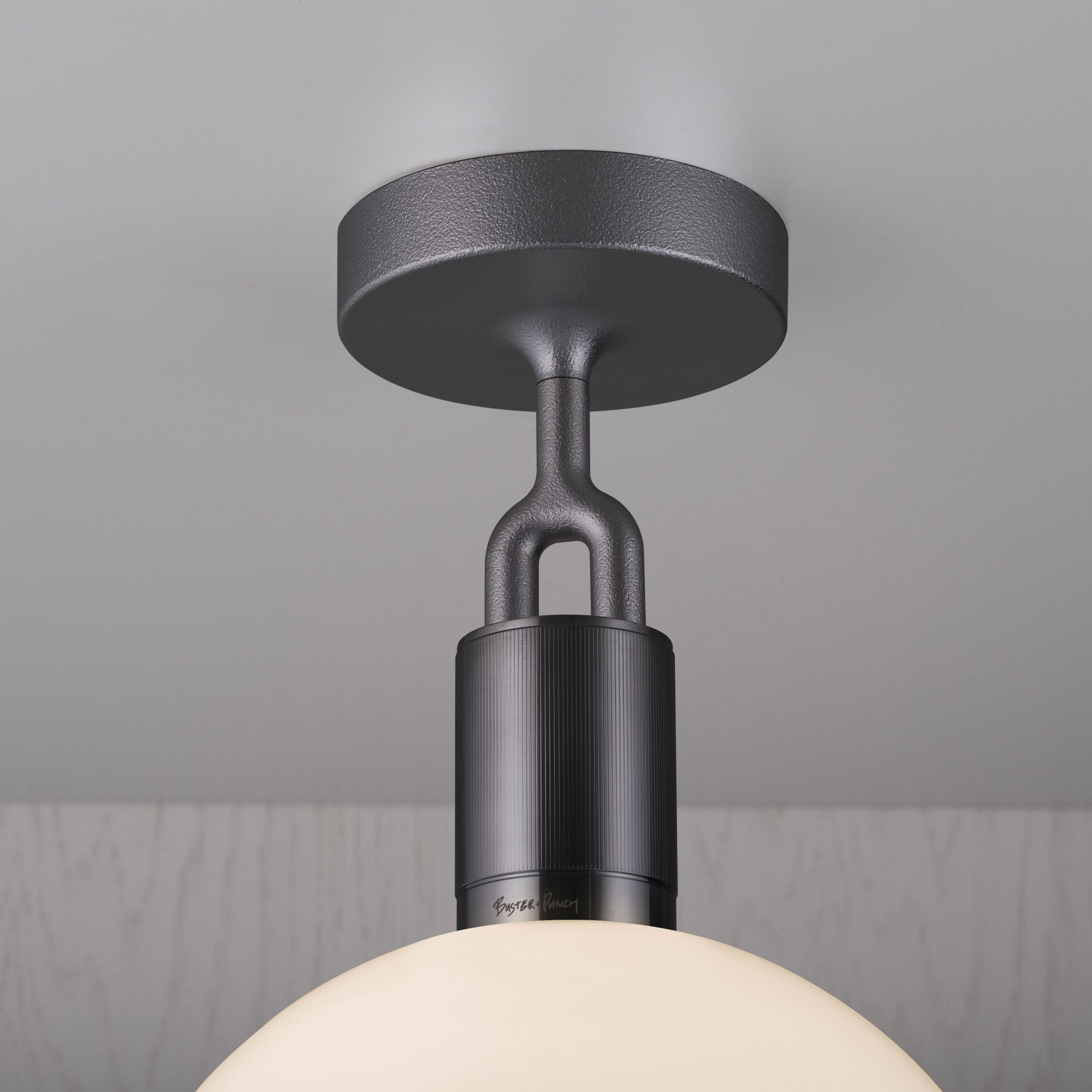 Forked Ceiling Light / Globe / Opal / Large Gun metal, detailed close up view of fork and fitting.