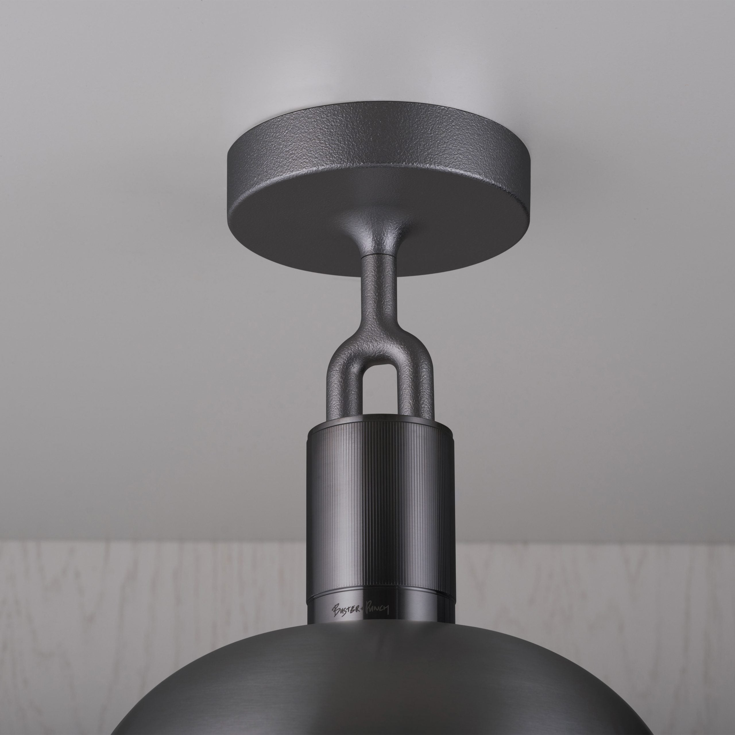 Forked Ceiling Light / Shade / Globe / Smoked / Medium gun metal, detailed close up of fork and fitting.