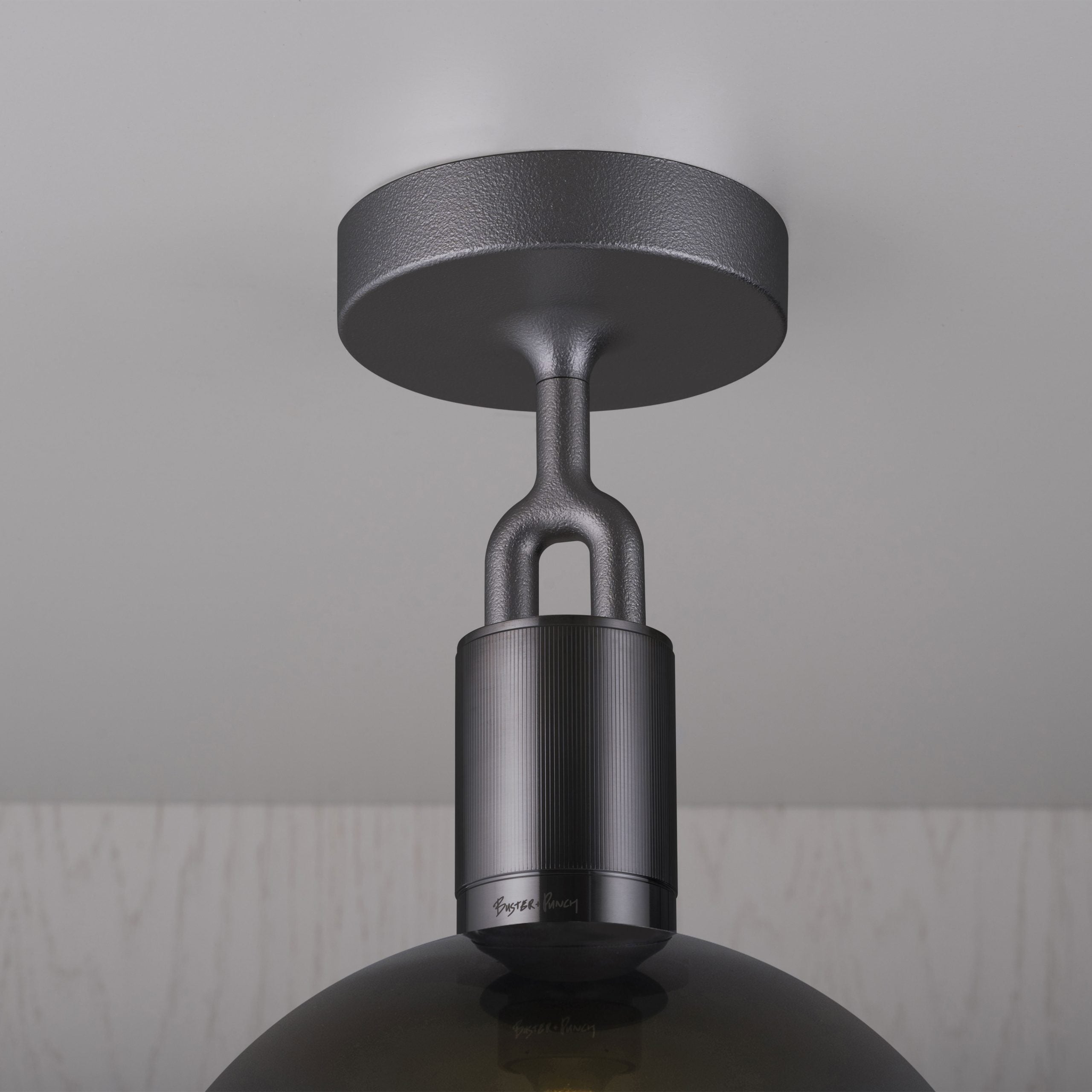 Forked Ceiling Light / Globe / Smoked / Medium Gun metal, detailed close up of fork and fitting.