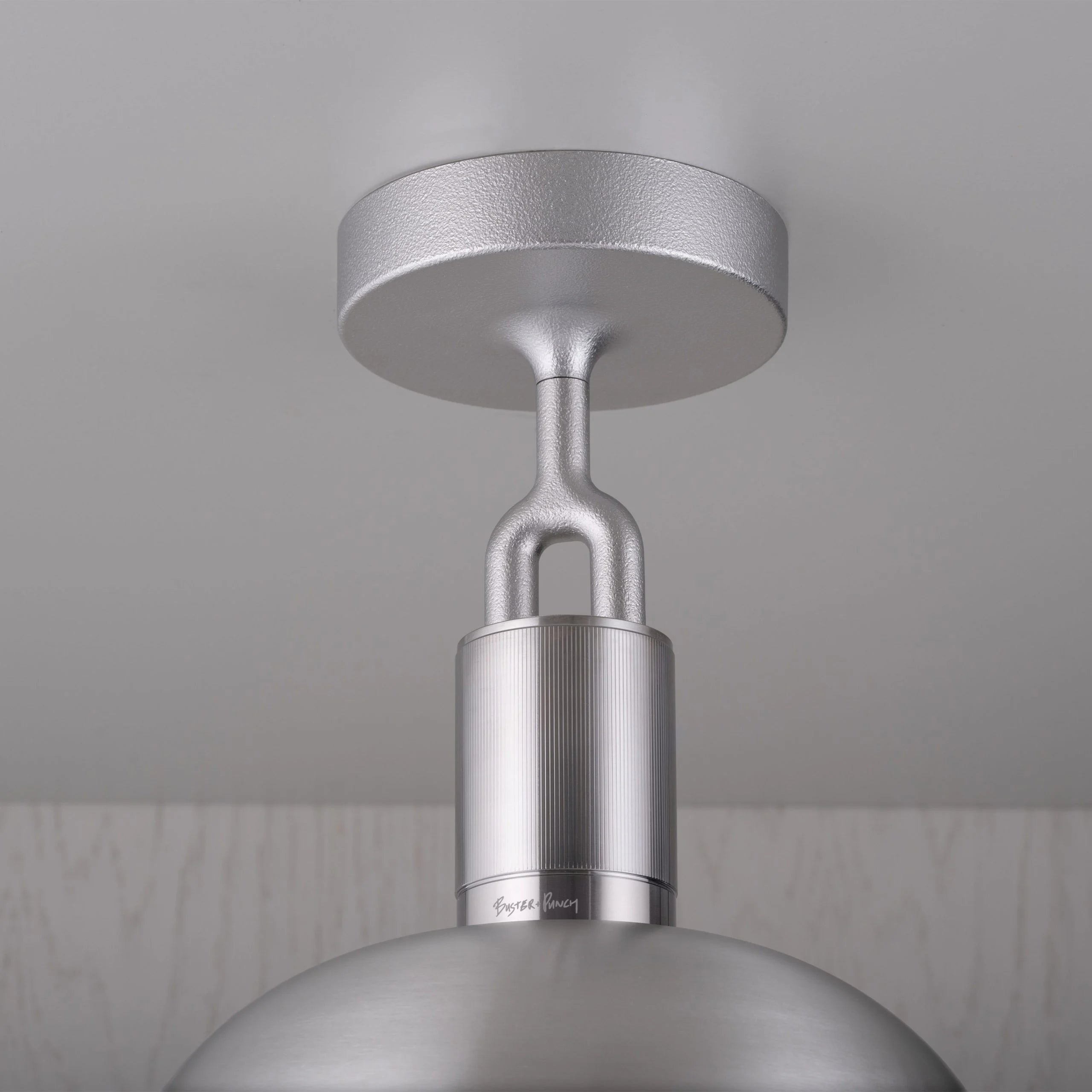 Forked Ceiling Light / Shade / Globe / Opal / Medium steel, detailed close up view of fork and fitting.